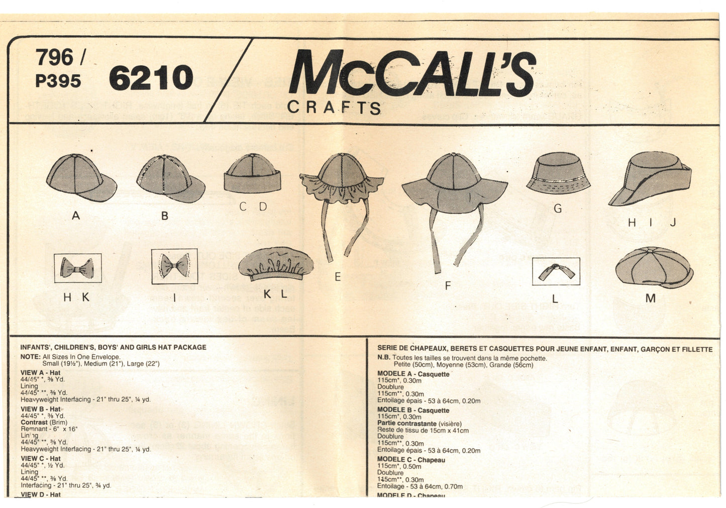 McCalls 9047 / 6210 Childrens Boys Girls Hats Sewing Pattern - UNCUT