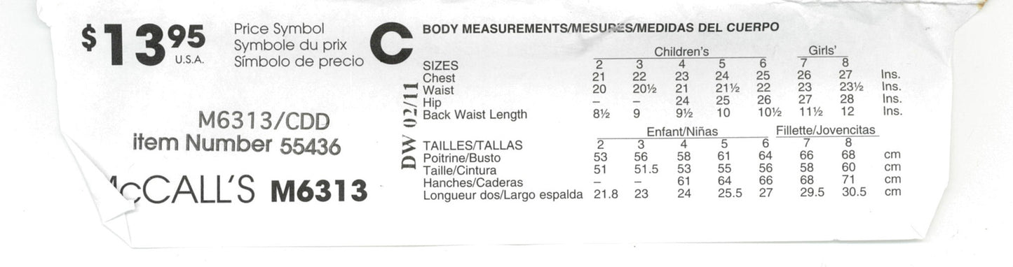 McCalls 6313 Girls Tops Dress Belt and Ruffle for Purchased Jeans Sewing Pattern - UNCUT Size  2 3 4 5