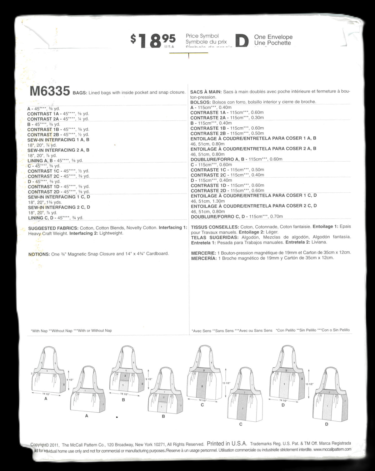 McCalls 6335 Bags  Sewing Pattern UNCUT