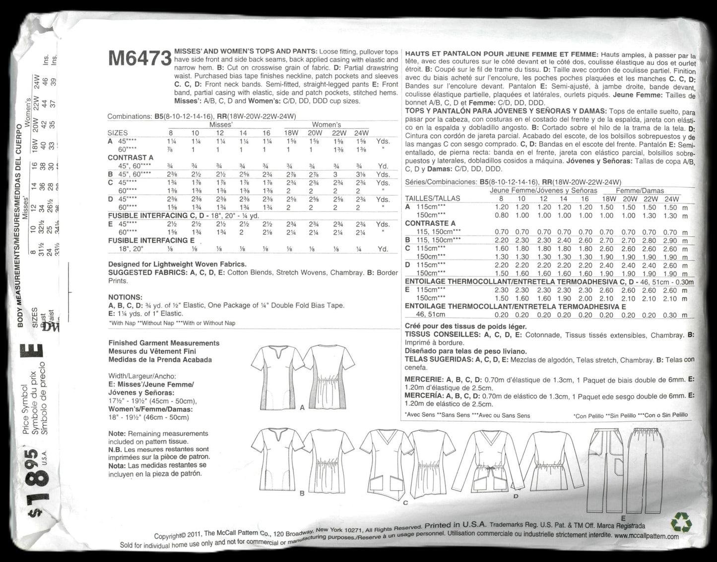 McCalls 6473 Misses Medical Scrubs Tops and Pants Sewing Pattern - UNCUT - Size 8 10 12 14 16