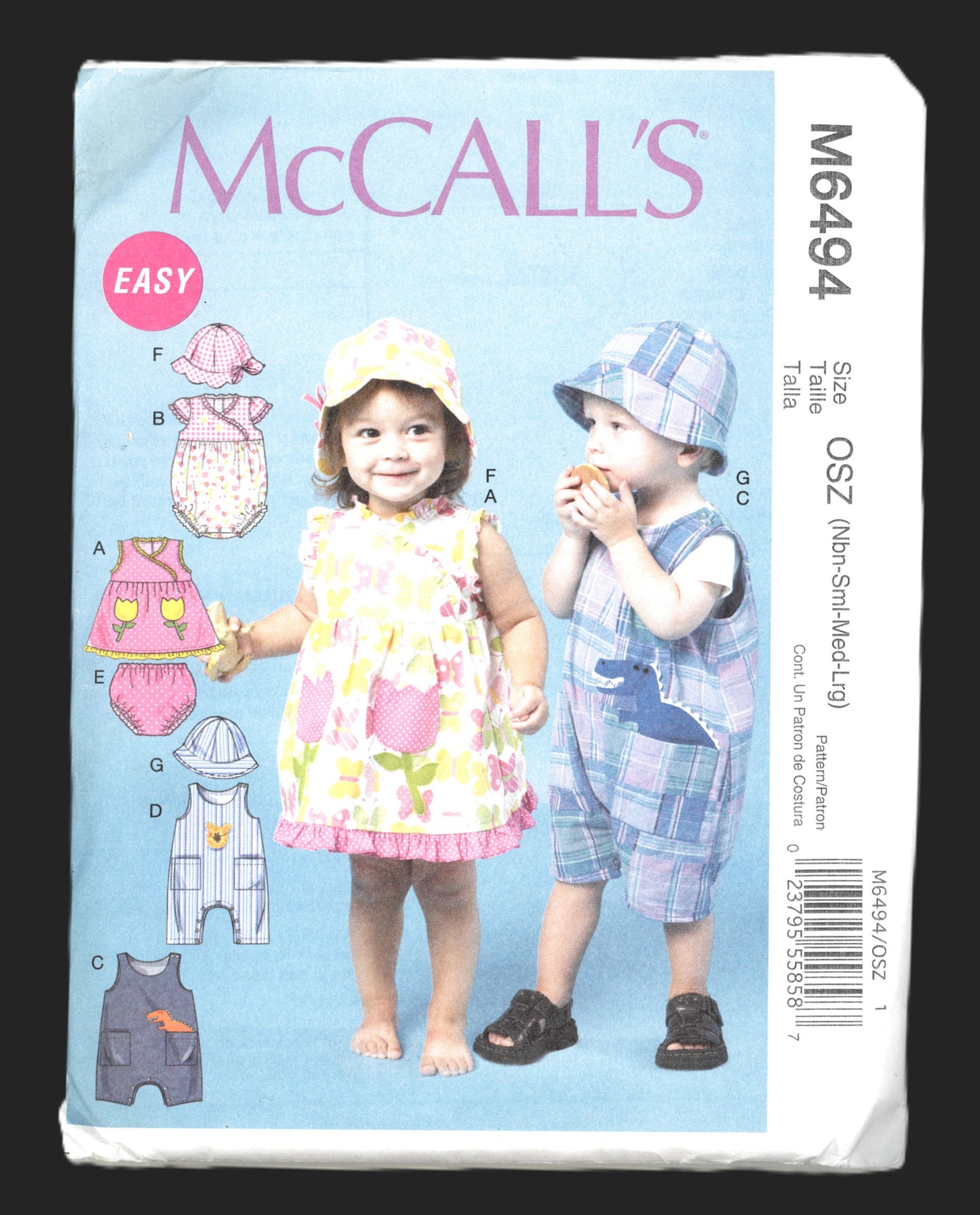 McCalls 6494 Infants Dress, Rompers, Jumpsuit, Panties and Hats Sewing Pattern - UNCUT - Size NB Sml Med Lrg