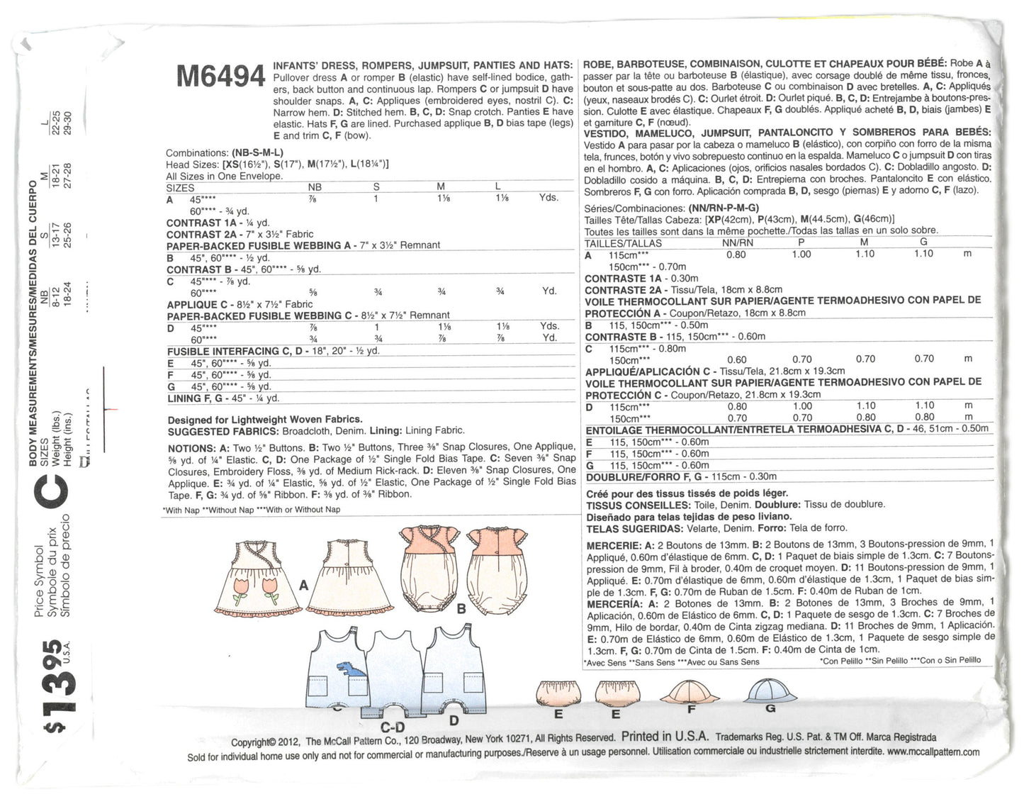 McCalls 6494 Infants Dress, Rompers, Jumpsuit, Panties and Hats Sewing Pattern - UNCUT - Size NB Sml Med Lrg