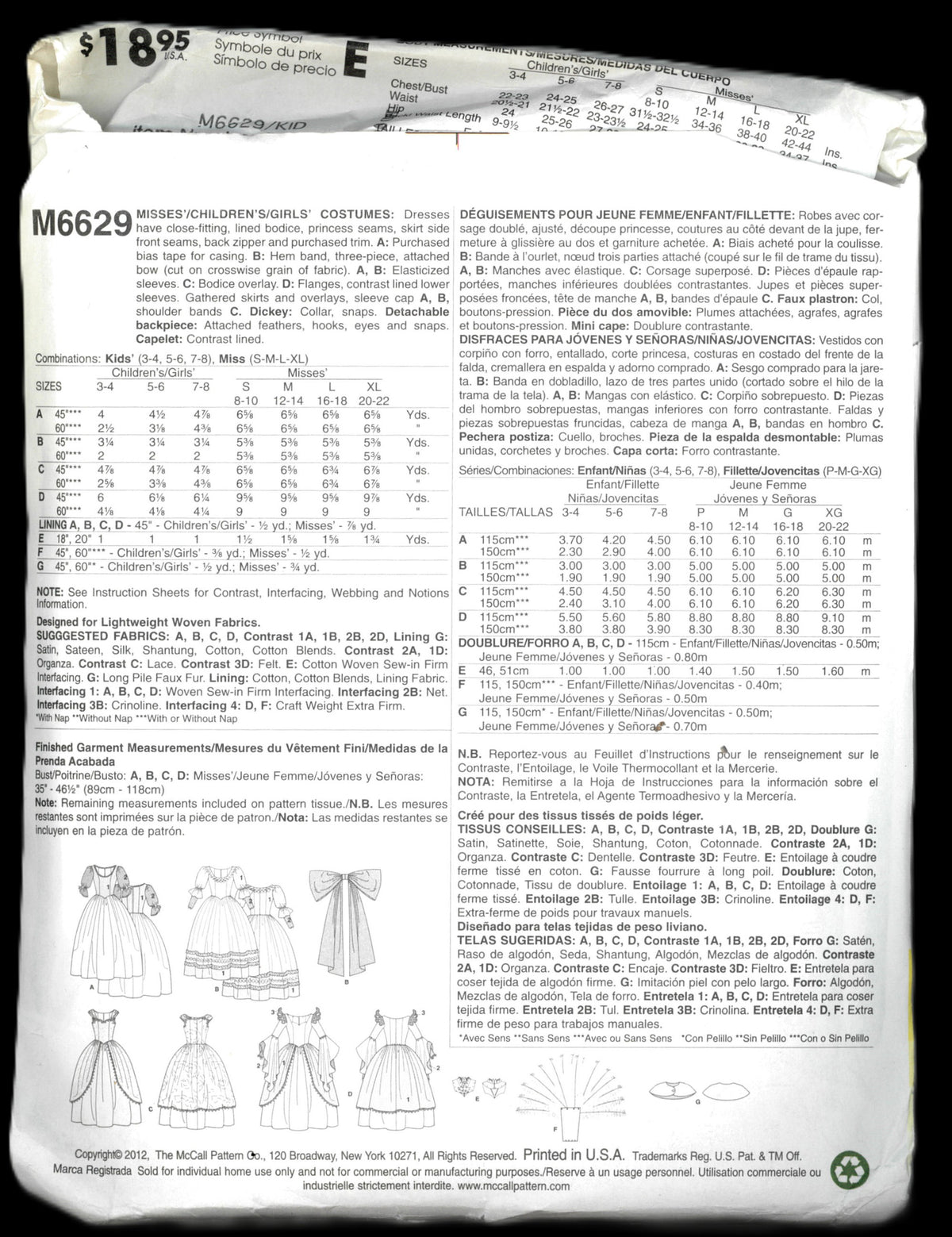 McCalls 6629 Girls Princess Costumes Sewing Pattern - UNCUT - Size 3 4 5 6 7 8