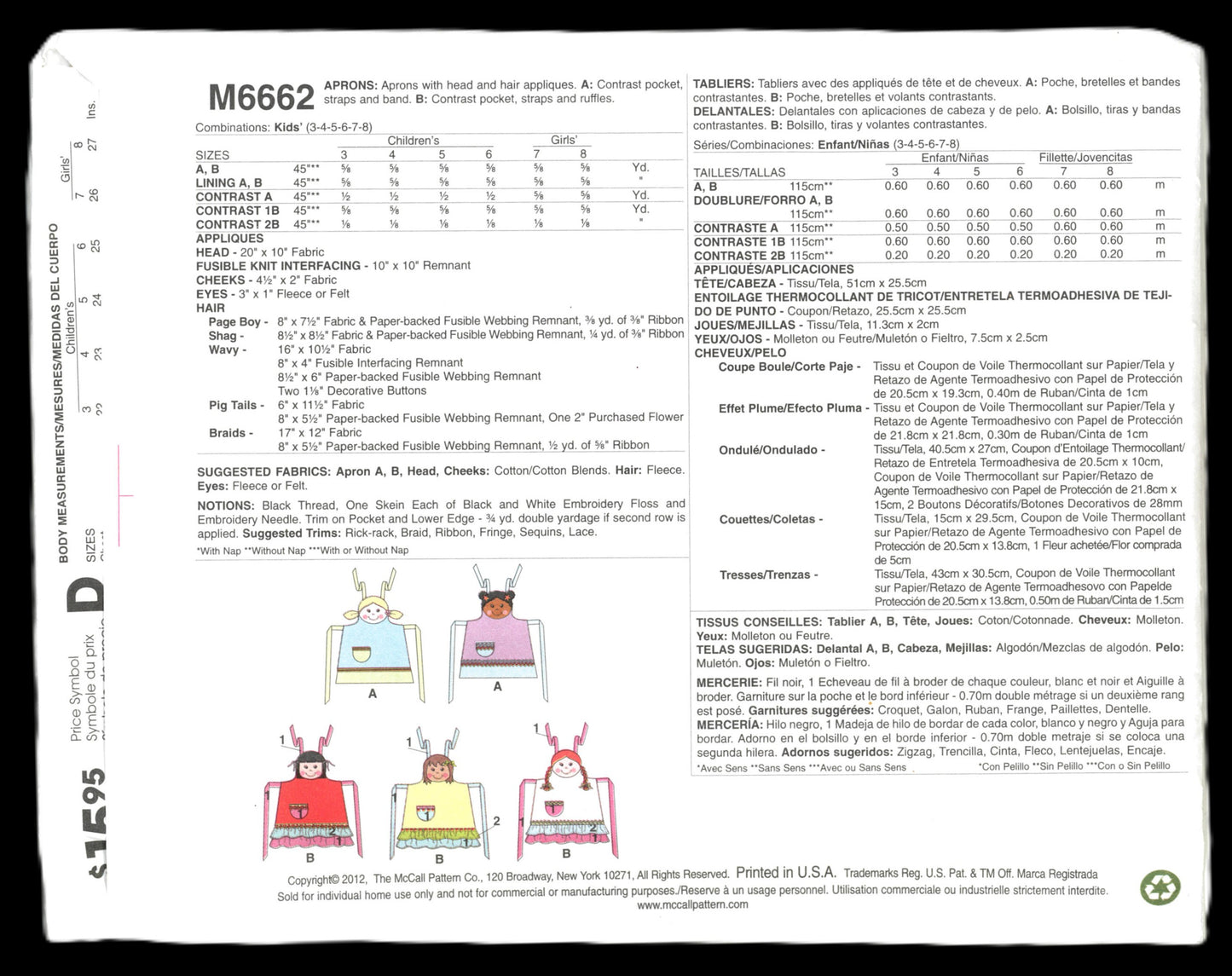 McCalls 6662 Aprons with Head and Hair Aplliques Sewing Pattern - UNCUT Size 3 4 5 6 7 8