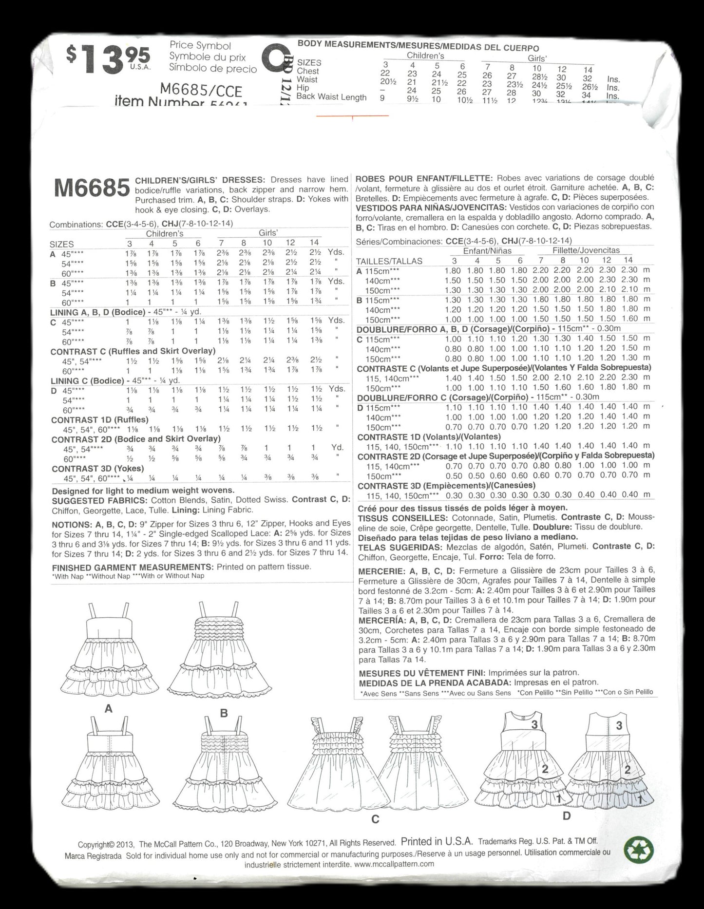 McCalls 6685 Children's and Girls Dresses Sewing Pattern UNCUT Size 3 4 5 6