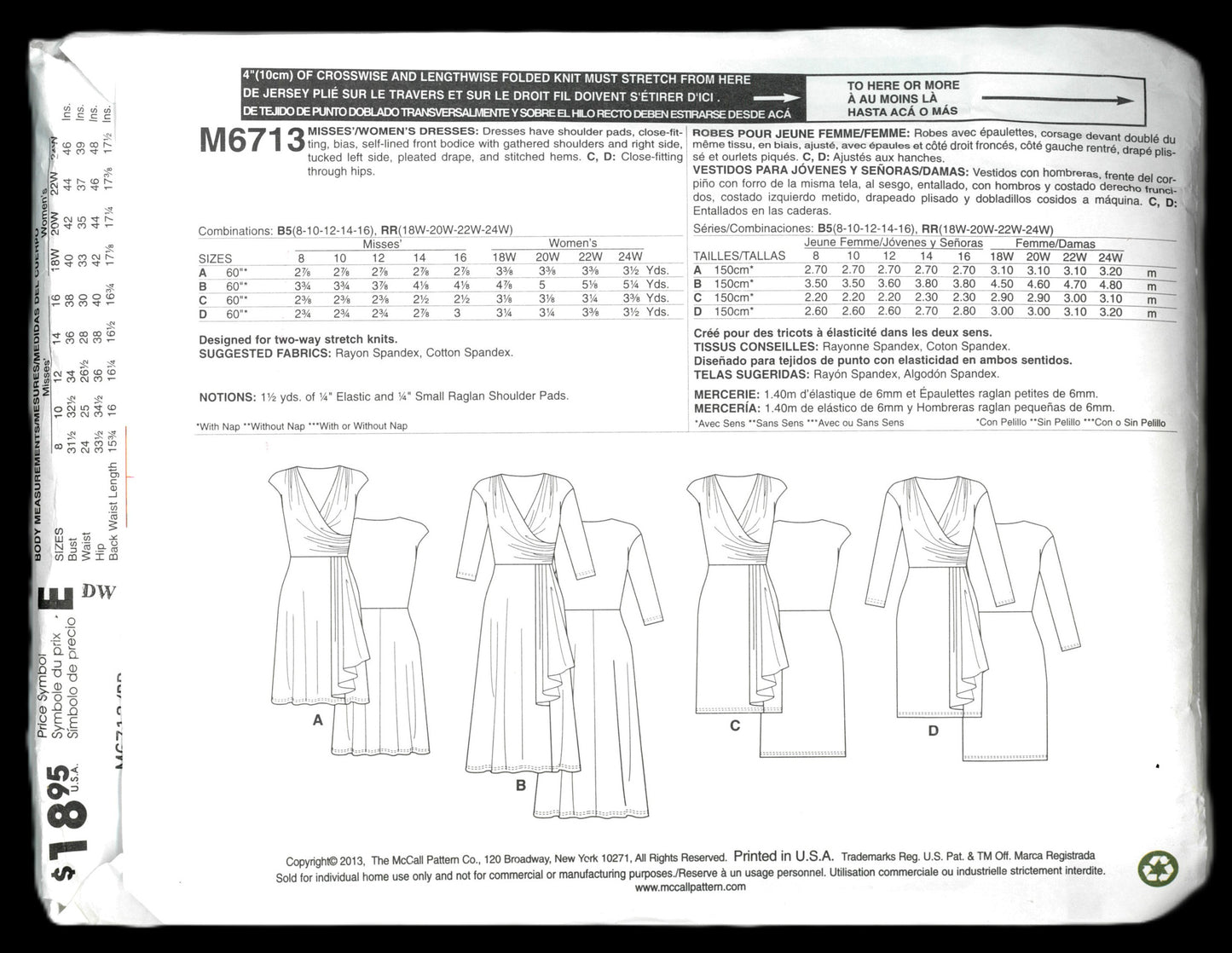 McCalls 6713 Womens Dresses Sewing Pattern UNCUT Size 18w 20w 22w 24w