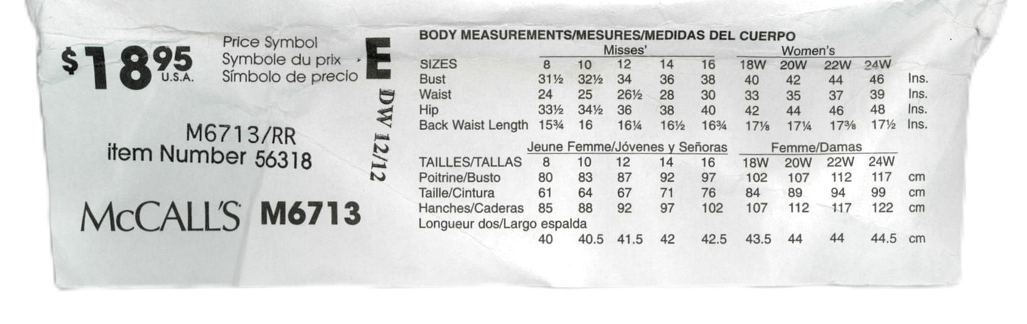 McCalls 6713 Womens Dresses Sewing Pattern UNCUT Size 18w 20w 22w 24w