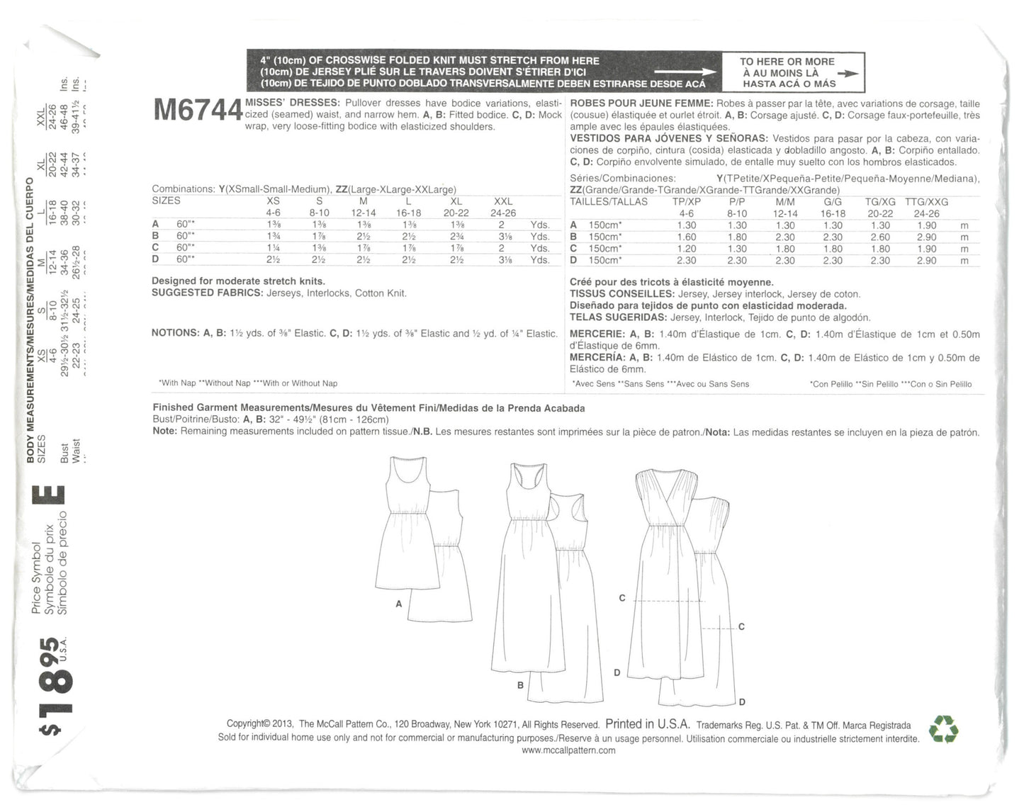 McCalls 6744 Misses Dresses Sewing Pattern - UNCUT - Size Xsm Sml Med
