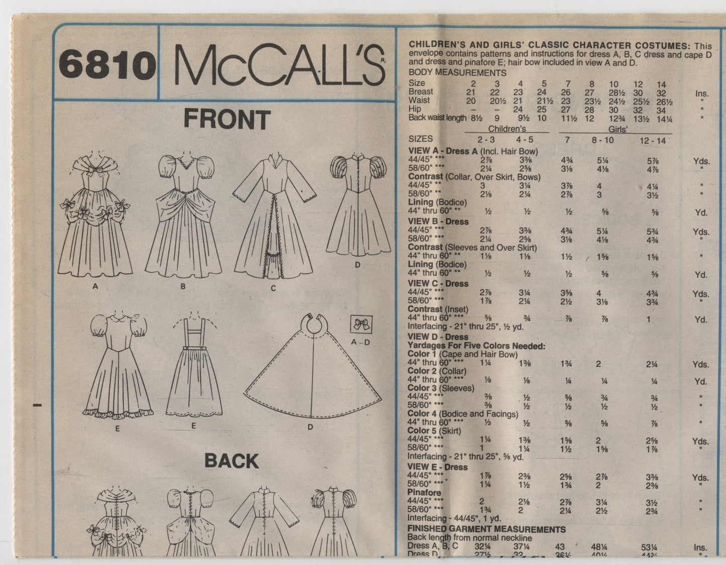 McCalls 6810 Girls Dorothy, Cinderella,  Snow White, Sleeping Beauty Girls Costume Costume Sewing Pattern - UNCUT - Size 8, 10