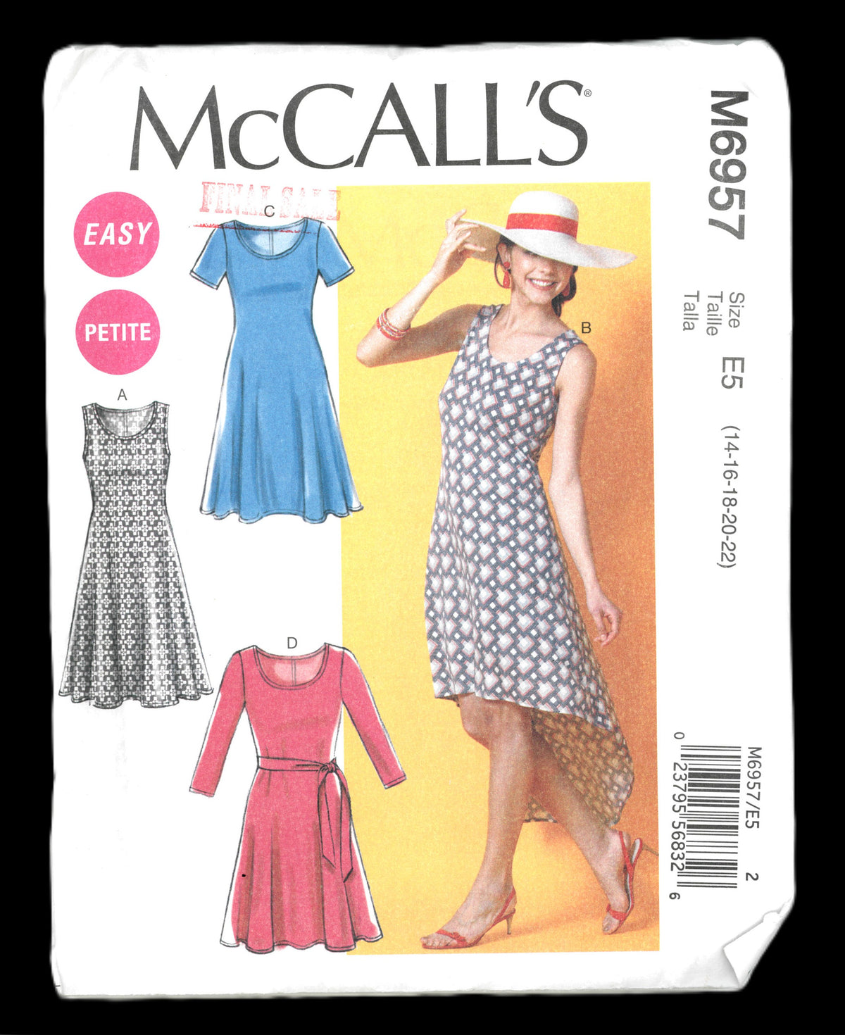 McCalls 6957 Misses / Miss Petite Dresses Sewing Pattern - UNCUT - Size 6 8 10 12 14 or Size 14 16 18 20 22