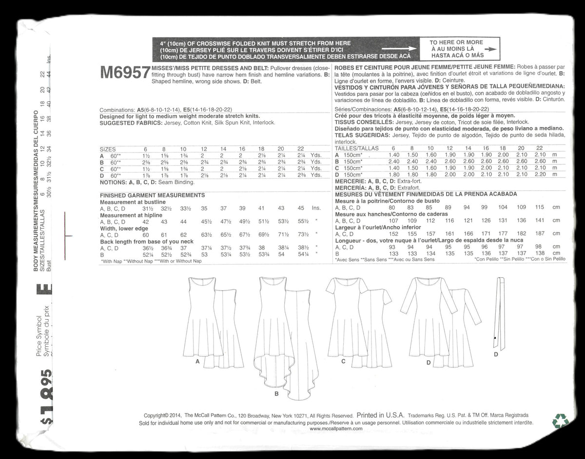 McCalls 6957 Misses / Miss Petite Dresses Sewing Pattern - UNCUT - Size 6 8 10 12 14 or Size 14 16 18 20 22