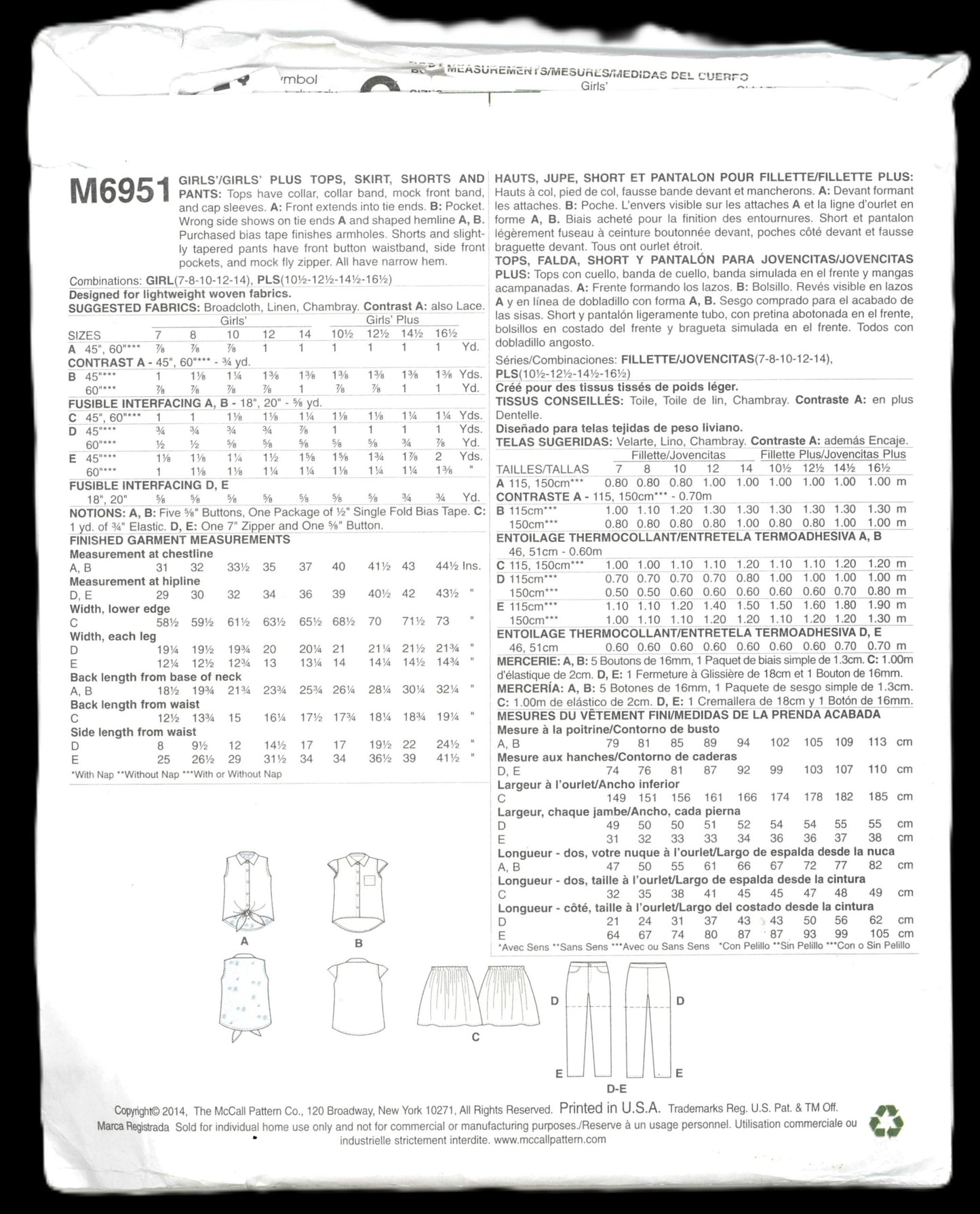McCalls 6951 Girls Plus Tops Skirt Shorts and Pants Sewing Pattern UNCUT Size 10 1/2 12 1/2 14 1/2 16 1/2