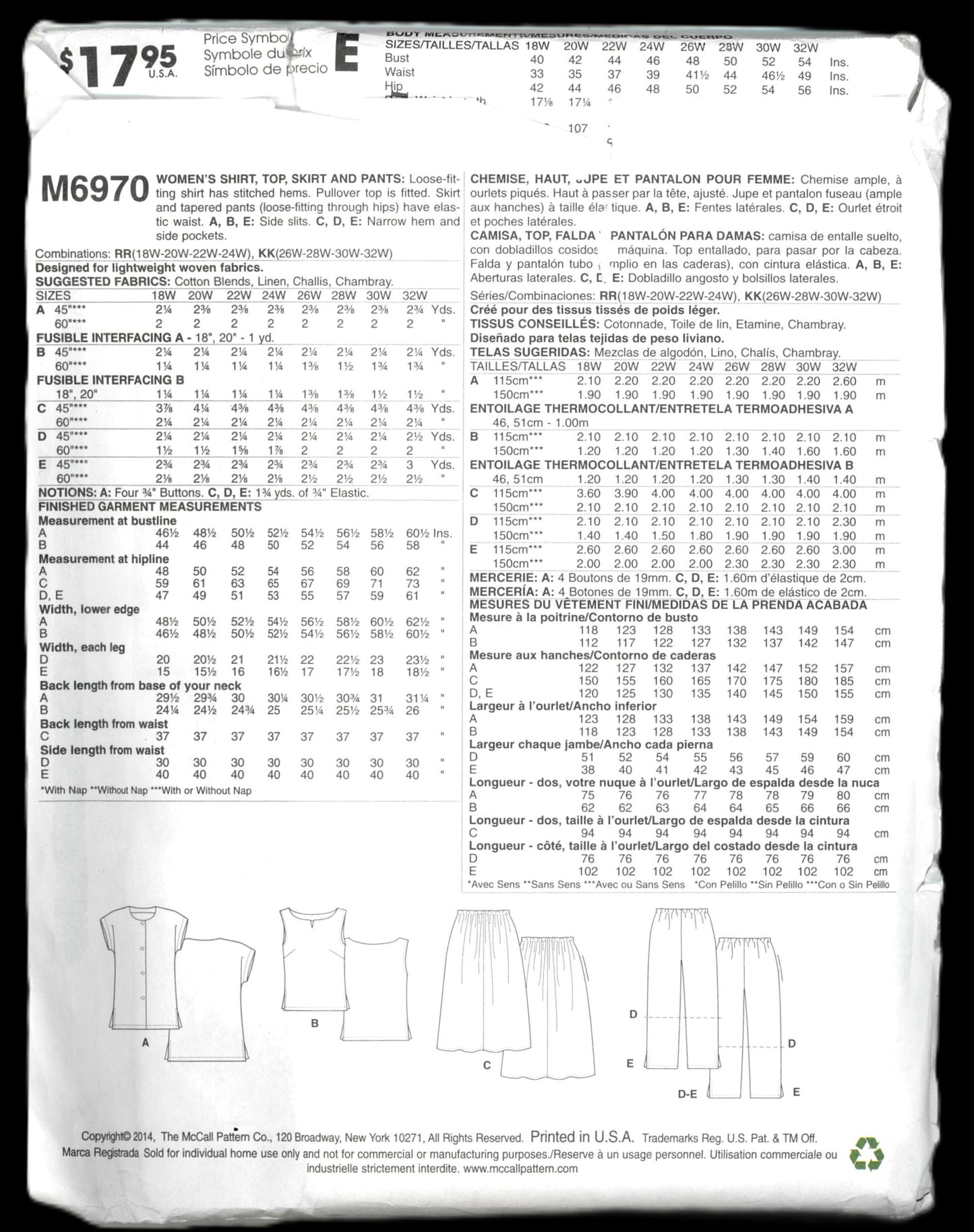 McCalls 6970 Women's Shirt Top Tunic Dress, Skirt and Pants Sewing Pattern UNCUT Size 18w 20w 22w 24w