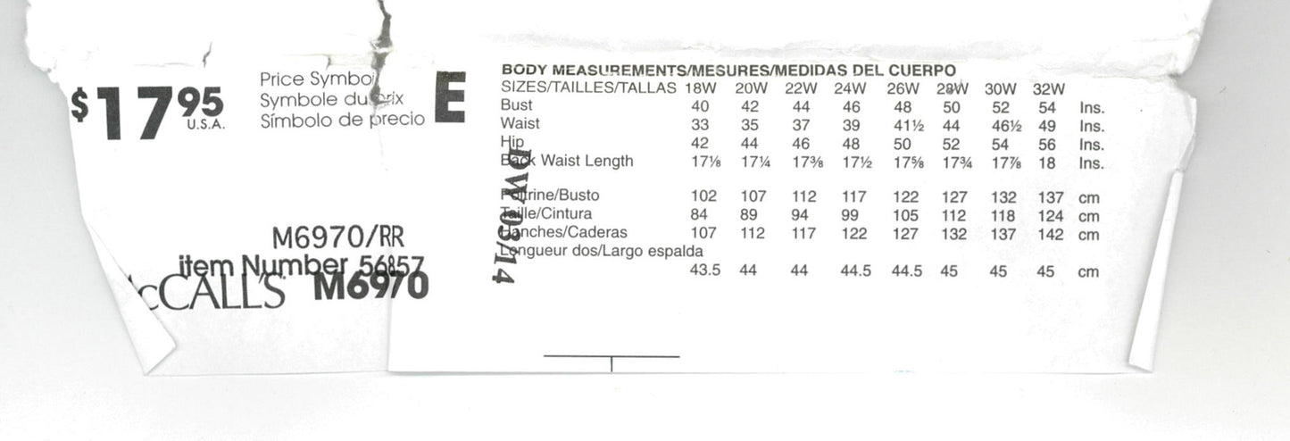 McCalls 6970 Women's Shirt Top Tunic Dress, Skirt and Pants Sewing Pattern UNCUT Size 18w 20w 22w 24w