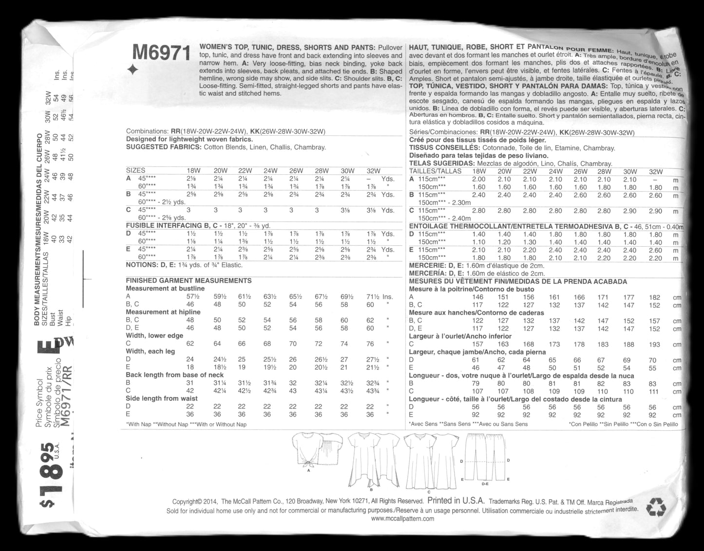 McCalls 6971 Women's Top Tunic Dress, Shorts and Pants Sewing Pattern UNCUT Size 18w 20w 22w 24w