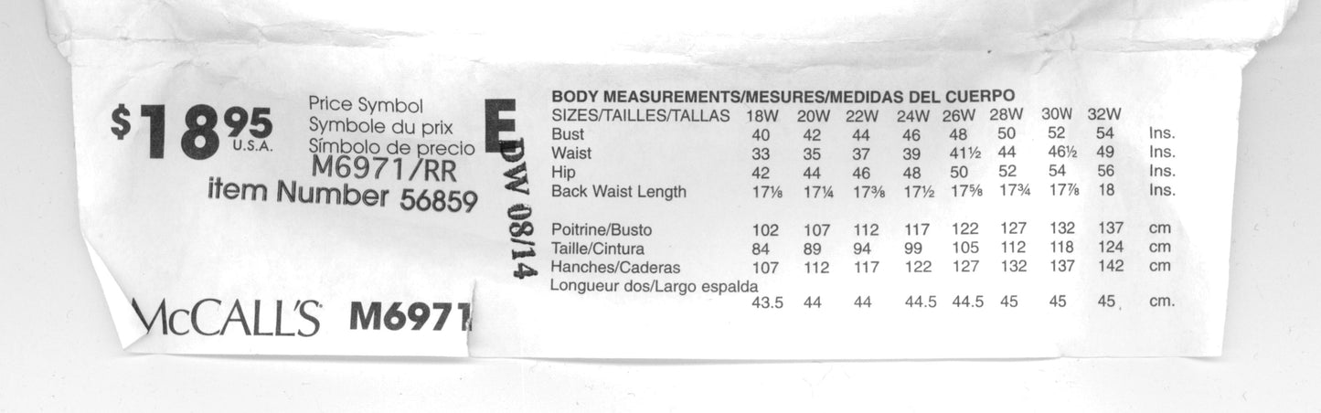 McCalls 6971 Women's Top Tunic Dress, Shorts and Pants Sewing Pattern UNCUT Size 18w 20w 22w 24w