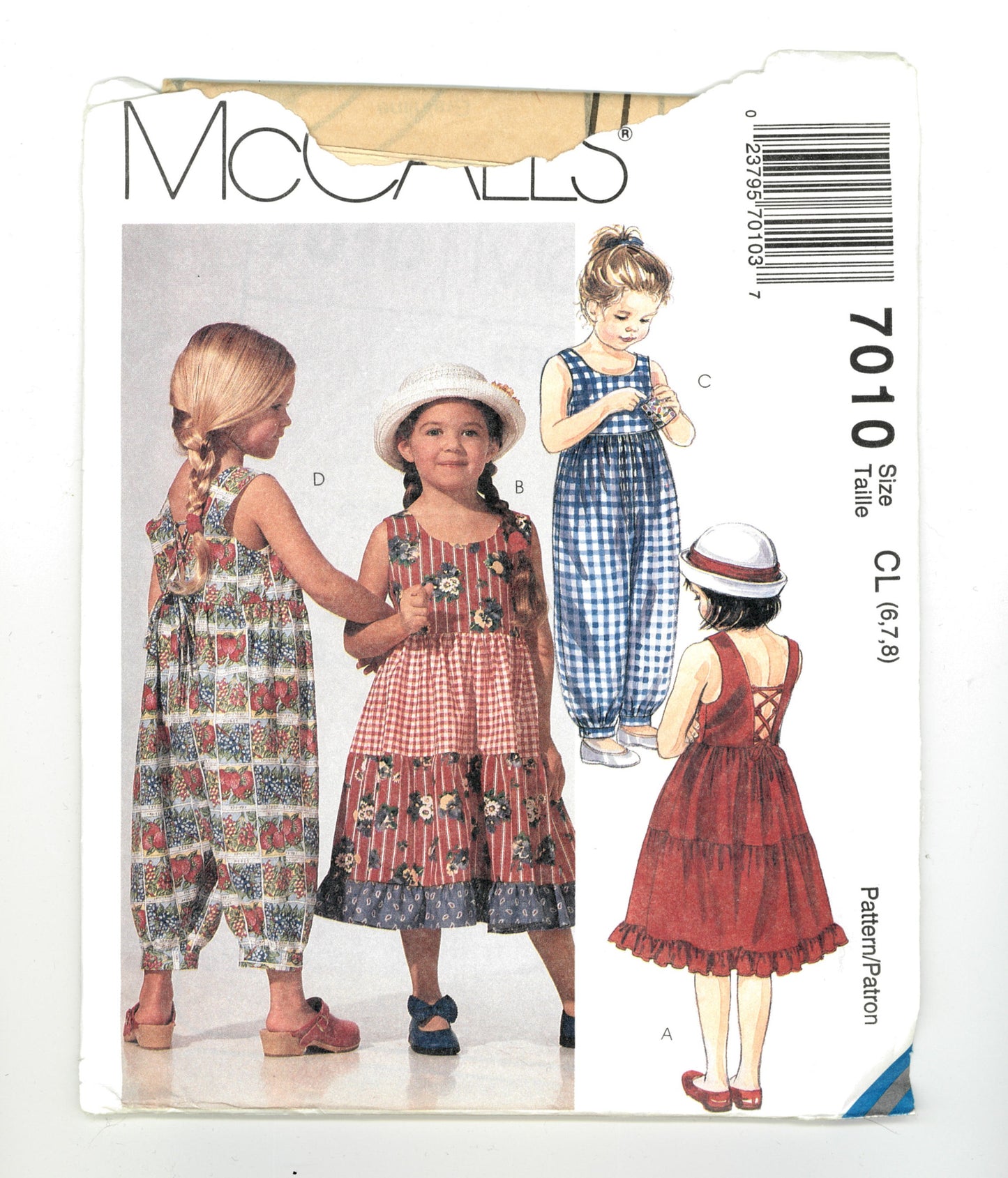 McCalls 7010 Childrens and Girls Dress and Jumpsuit in Two Lengths Sewing Pattern - UNCUT - Size 6 7 8