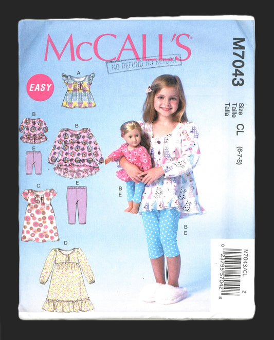 McCalls 7043 Girls / Dolls Tops Dresses and Leggings Sewing Pattern - UNCUT Size 6 7 8