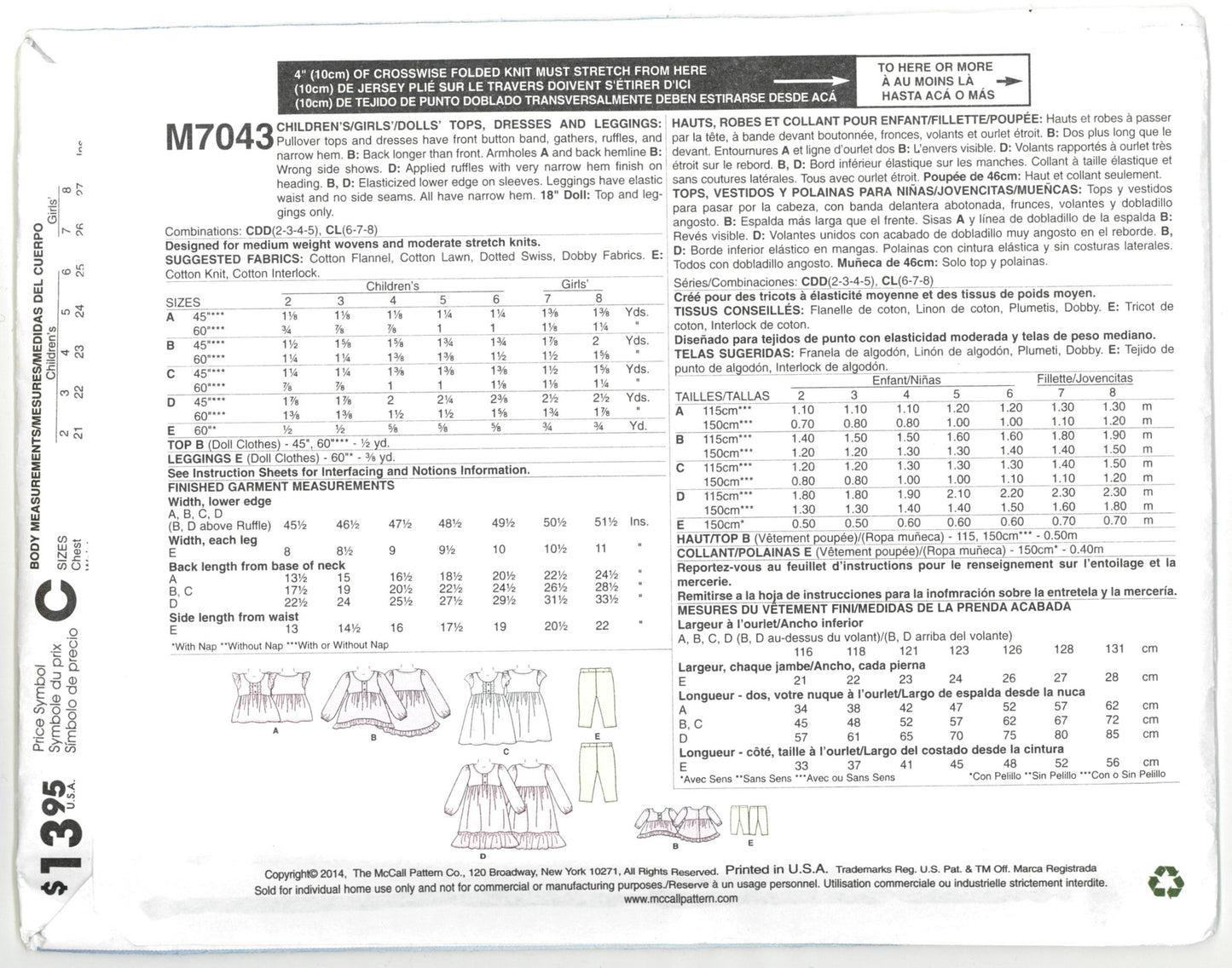 McCalls 7043 Girls / Dolls Tops Dresses and Leggings Sewing Pattern - UNCUT Size 6 7 8