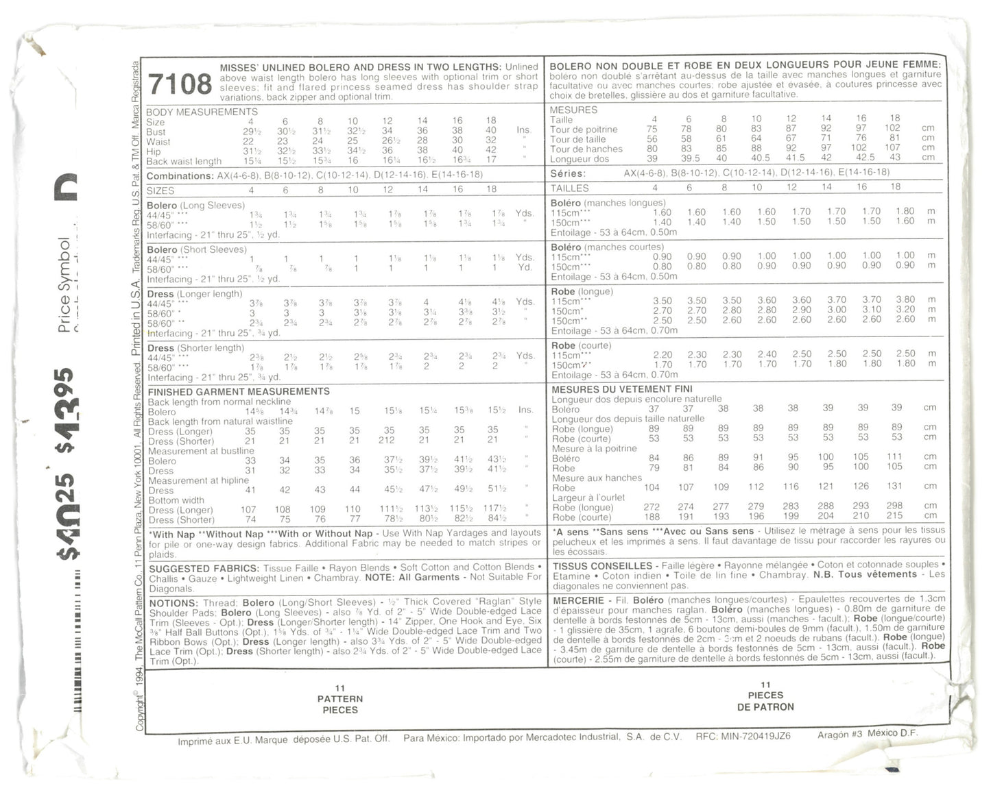 McCalls 7108 Misses Unlined Bolero and Dress in Two Lengths Sewing Pattern - UNCUT - Size 10 12 14