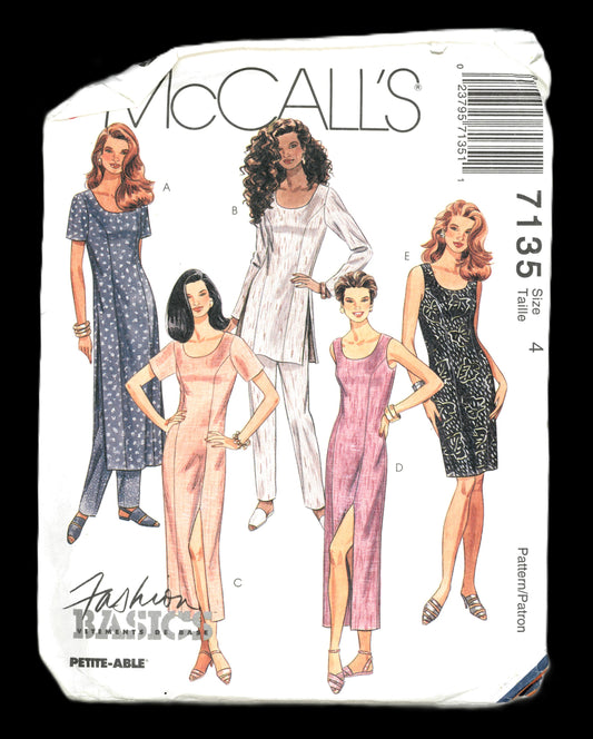 McCalls 7135 Misses Dress in Two Lengths, Tunic and Pants Sewing Pattern - UNCUT - Size 4