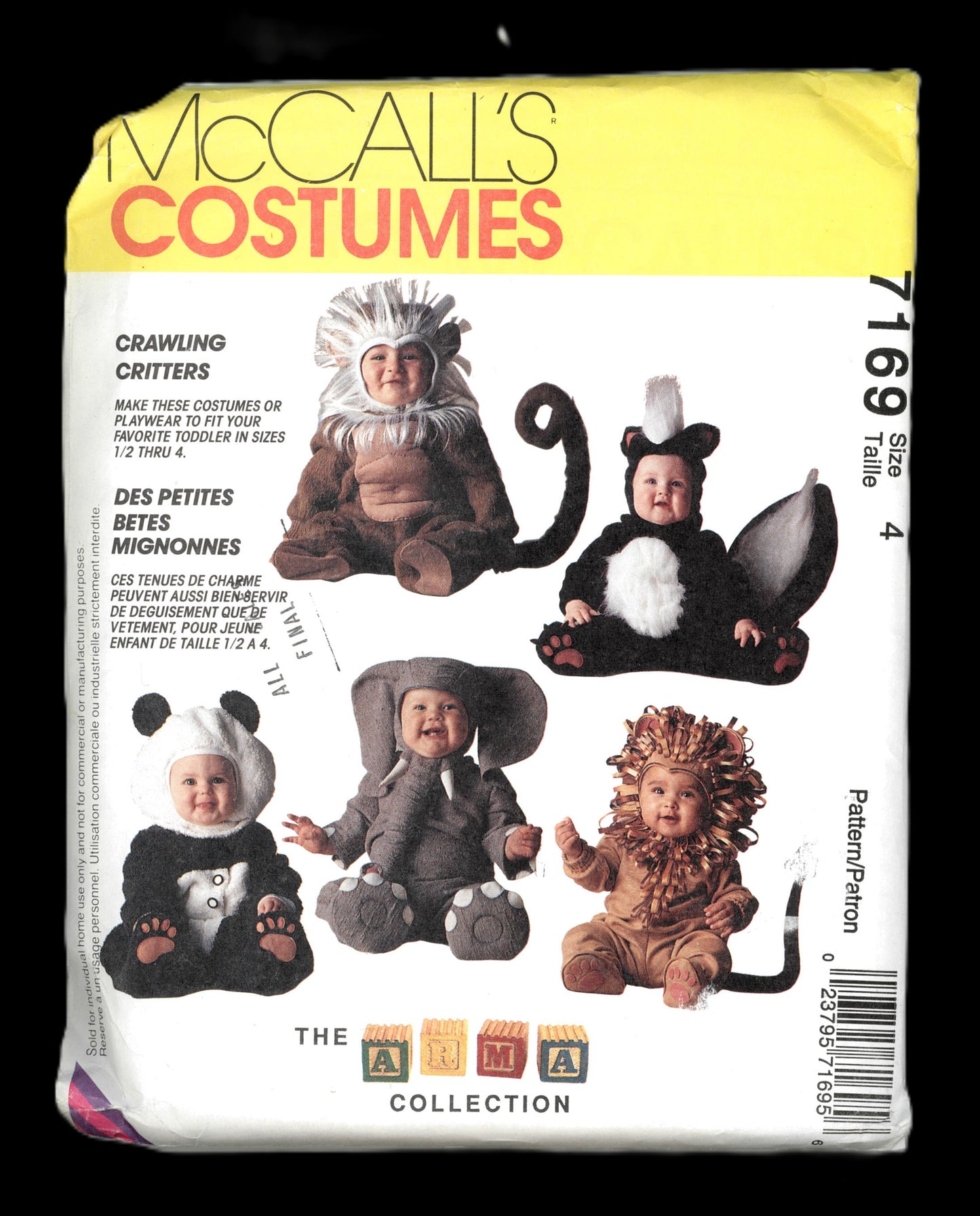 McCalls 7169 Crawling Critters Toddlers Lion, Monkey Panda Bear, Skunk and Elephant Costumes Sewing Pattern - UNCUT - Size 1 or Size 4