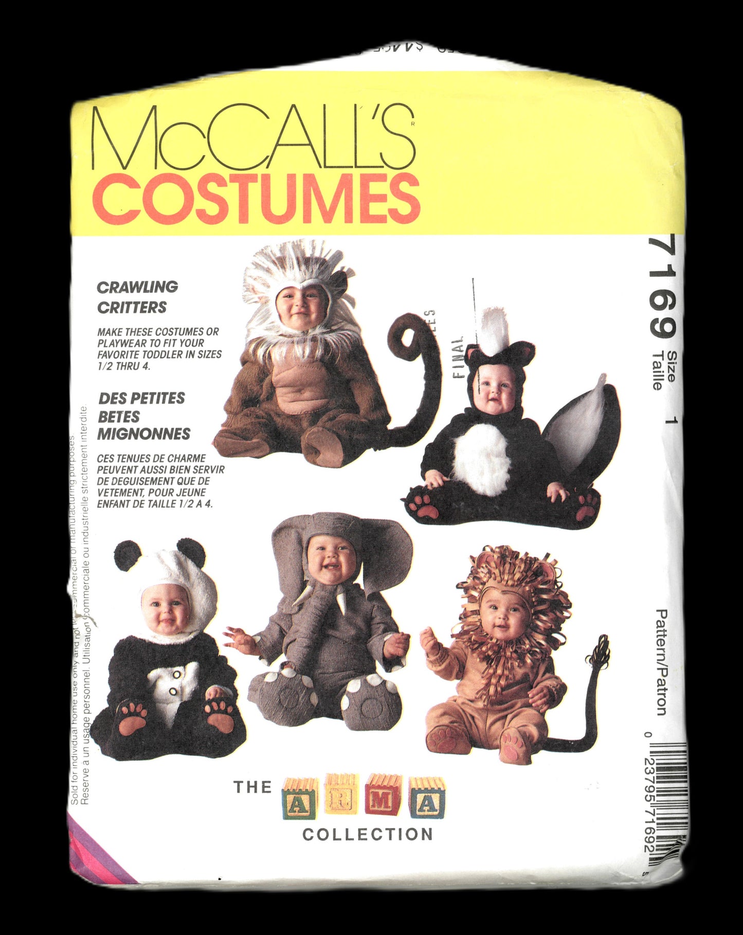 McCalls 7169 Crawling Critters Toddlers Lion, Monkey Panda Bear, Skunk and Elephant Costumes Sewing Pattern - UNCUT - Size 1 or Size 4