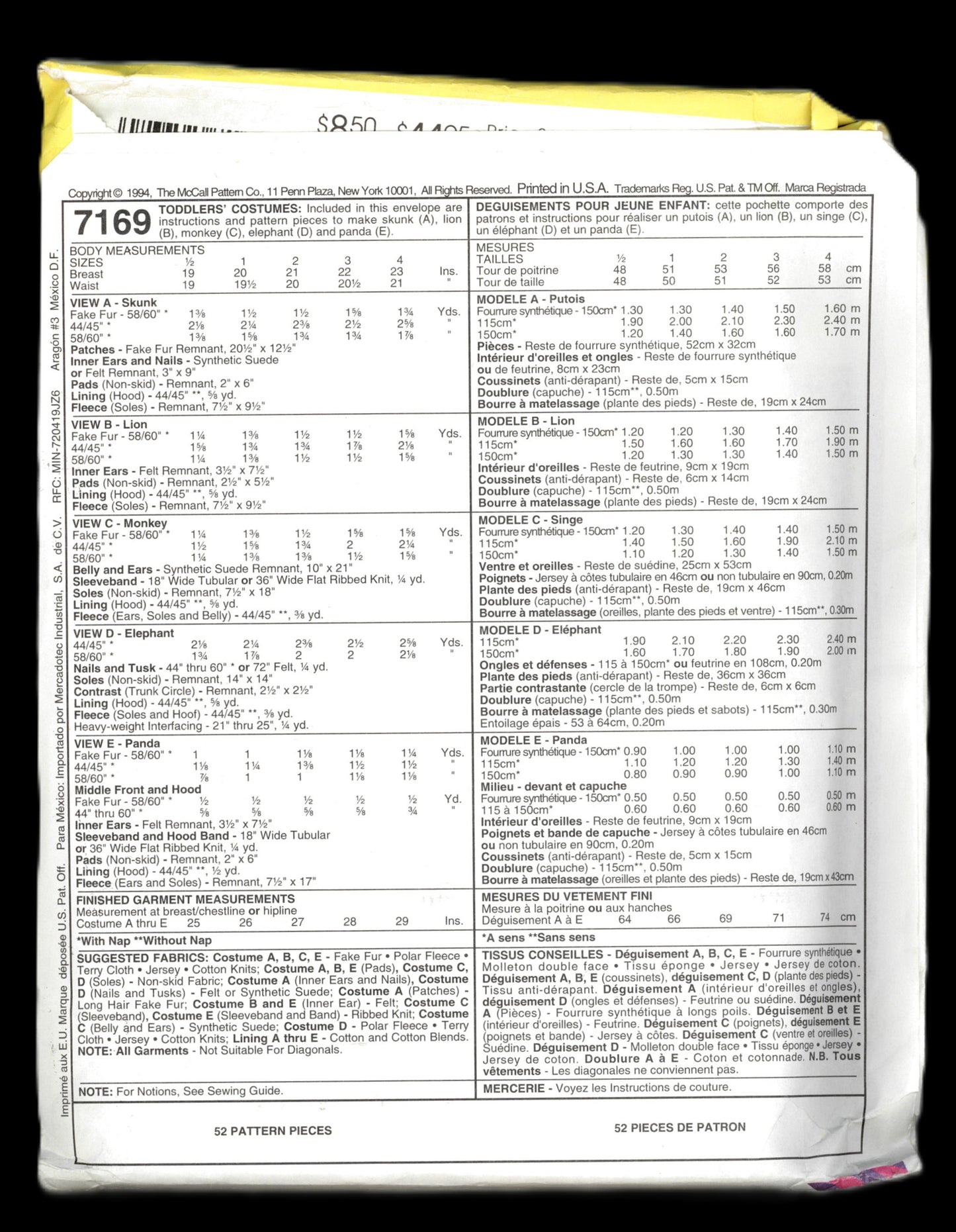 McCalls 7169 Crawling Critters Toddlers Lion, Monkey Panda Bear, Skunk and Elephant Costumes Sewing Pattern - UNCUT - Size 1 or Size 4