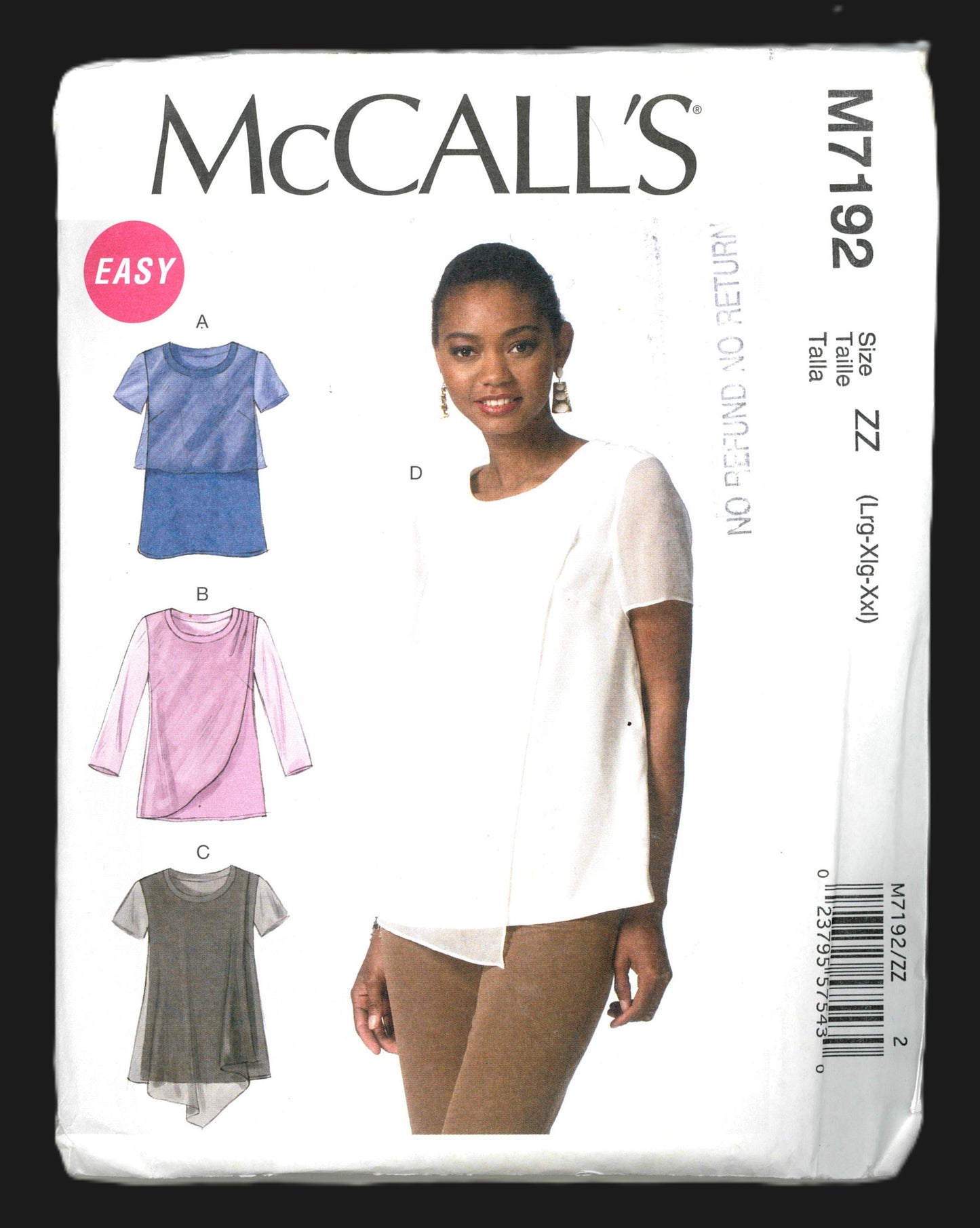McCalls 7192 Misses Tops Sewing Pattern UNCUT - Size Lrg, Xlg, Xxl