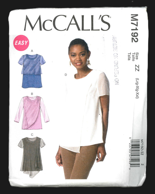 McCalls 7192 Misses Tops Sewing Pattern UNCUT - Size Lrg, Xlg, Xxl