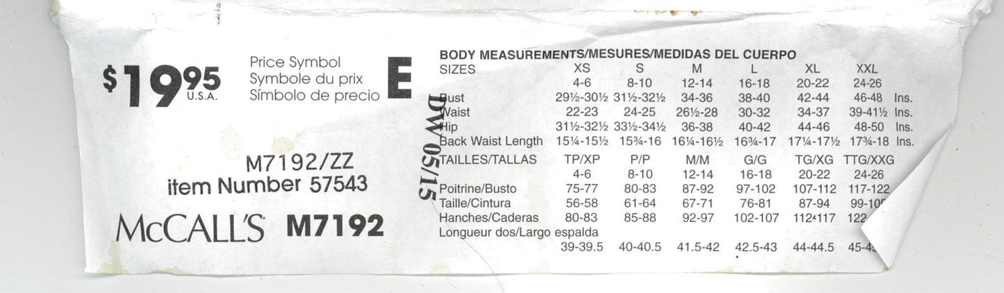 McCalls 7192 Misses Tops Sewing Pattern UNCUT - Size Lrg, Xlg, Xxl