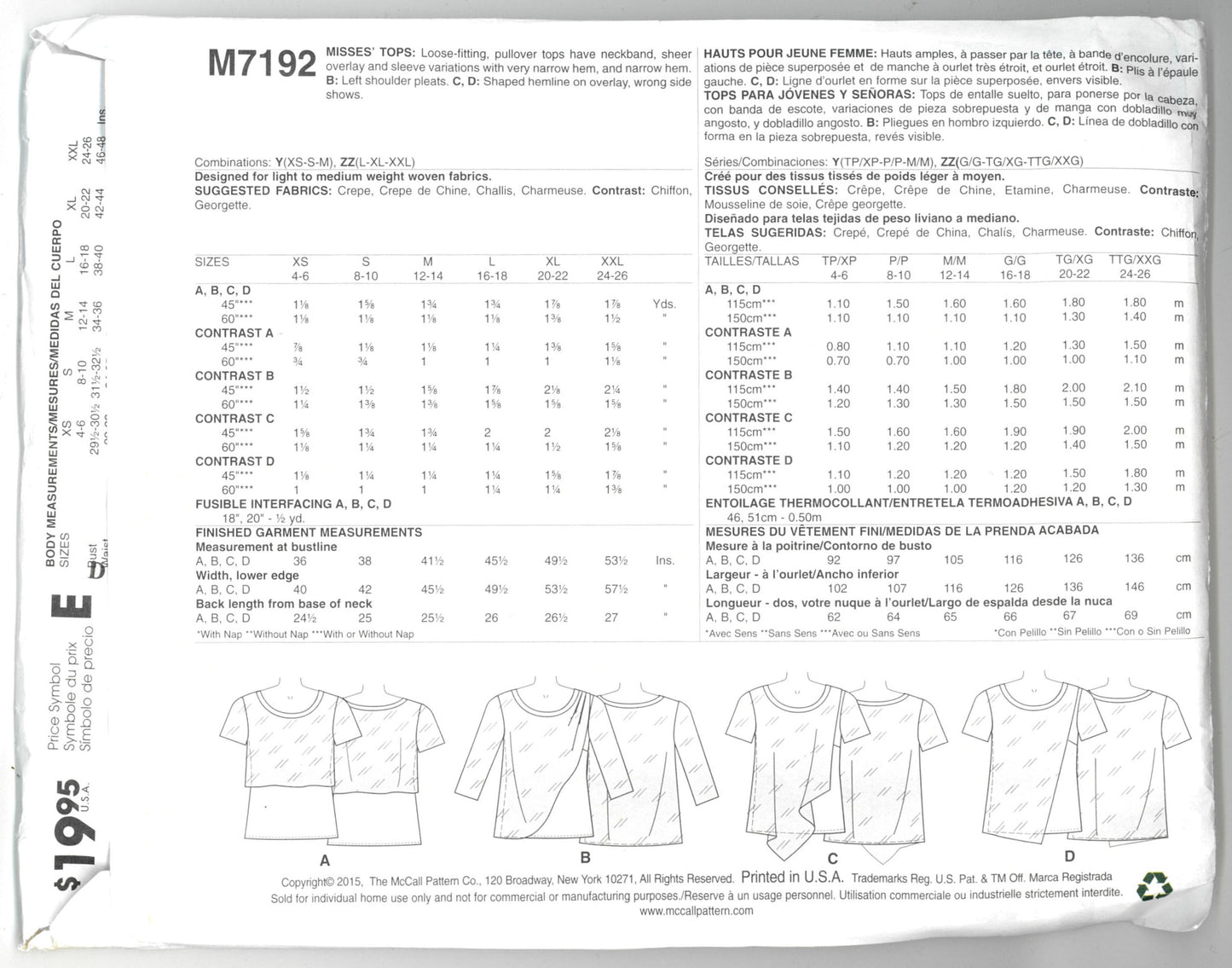 McCalls 7192 Misses Tops Sewing Pattern UNCUT - Size Lrg, Xlg, Xxl