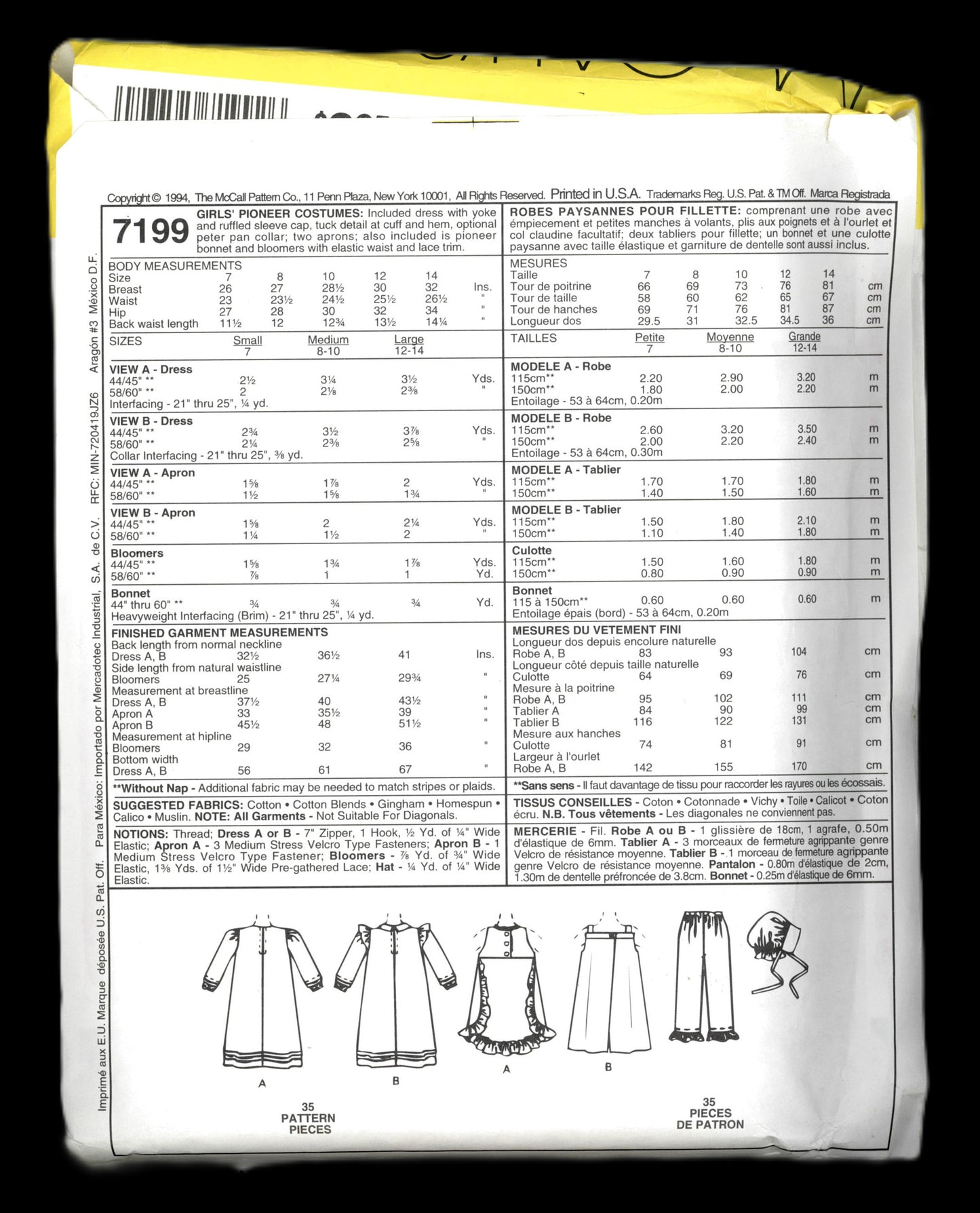 McCalls 7199 Girls Pioneer Costume Sewing Pattern - UNCUT - Size Medium ( 7,8)