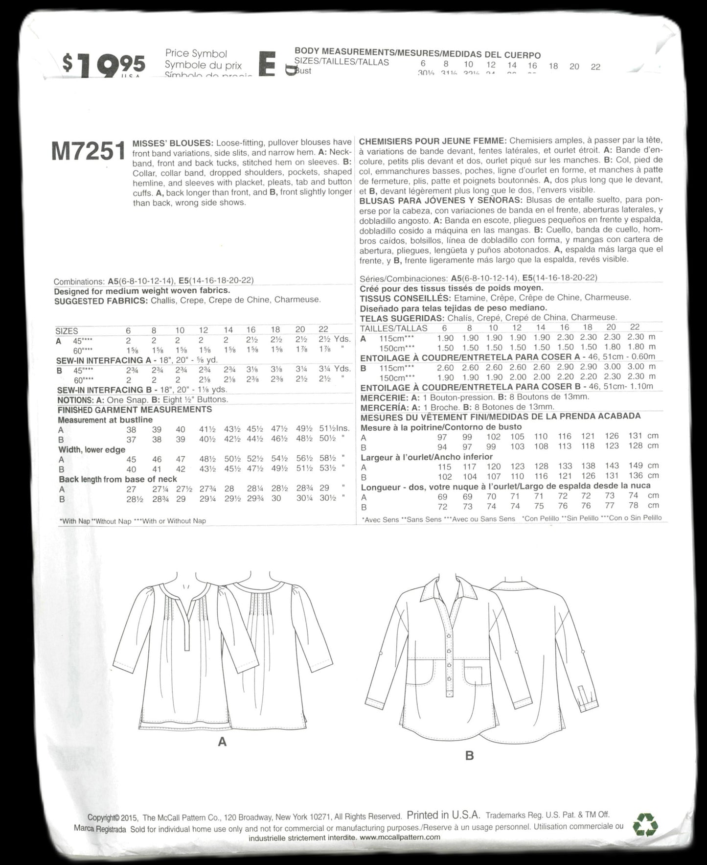 McCalls 7251 Misses Blouses Sewing Pattern UNCUT - Size 6 8 10 12 14