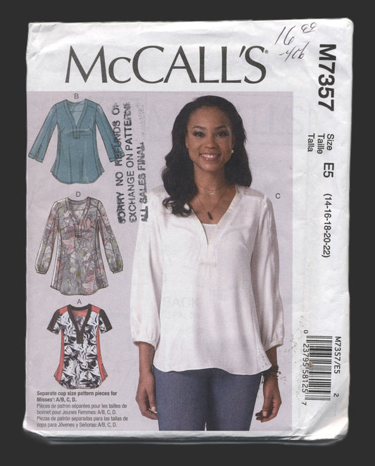 McCalls 7357 Misses Tops Sewing Pattern - UNCUT - Size 14 16 18 20 22
