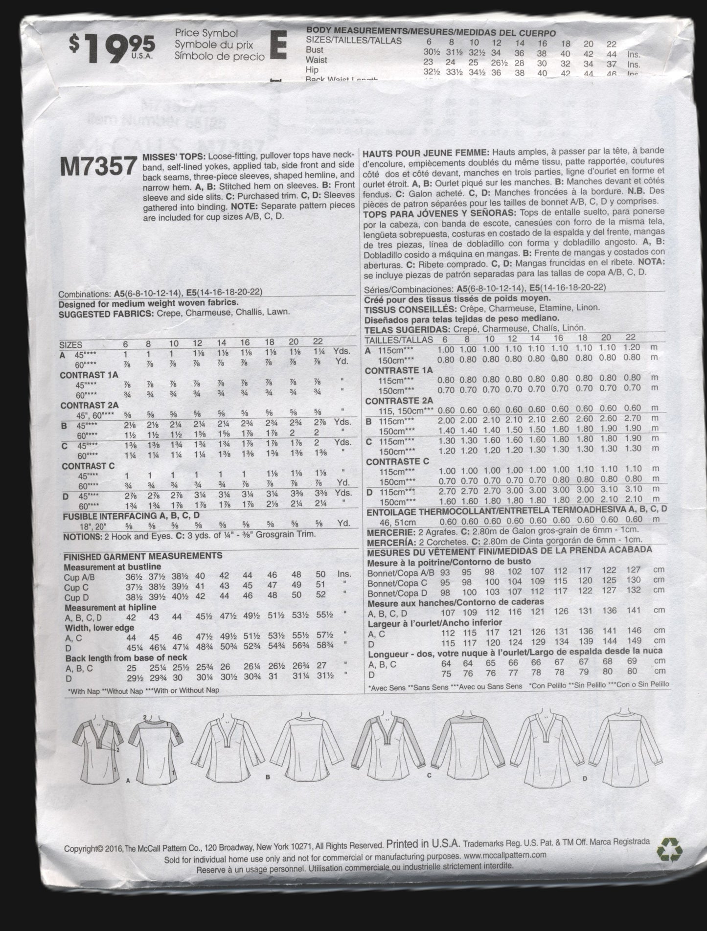 McCalls 7357 Misses Tops Sewing Pattern - UNCUT - Size 14 16 18 20 22