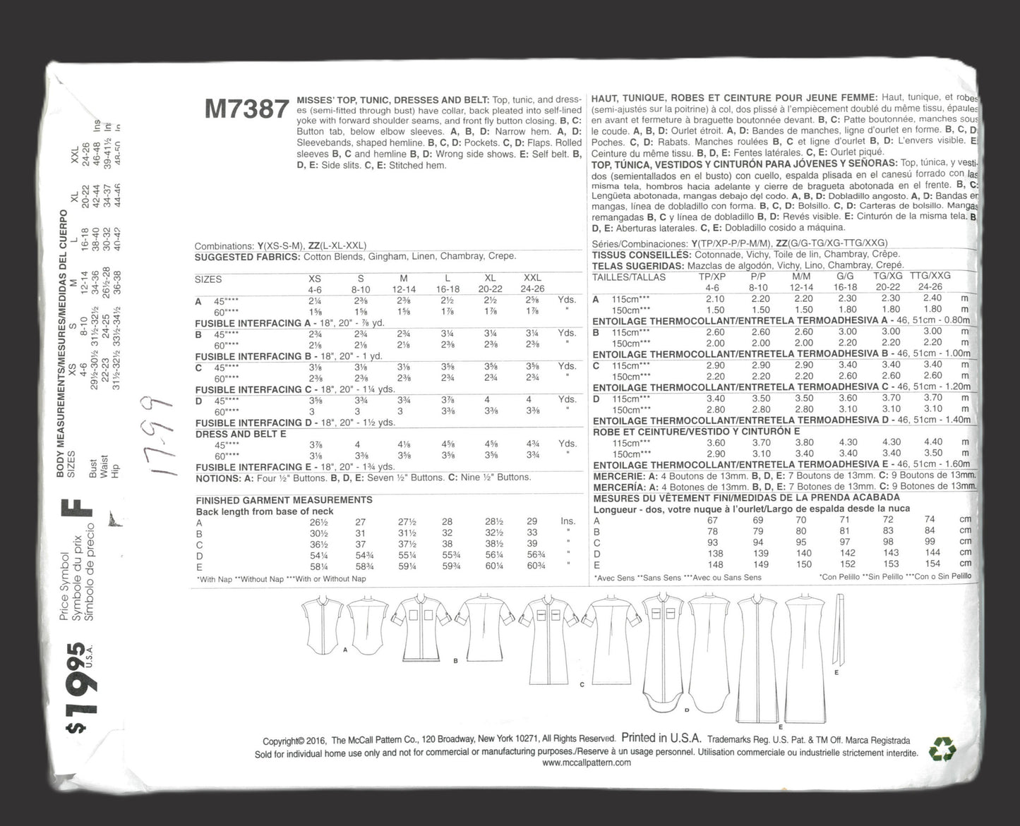 McCalls 7387 Misses Top Tunic Dresses and Belt Sewing Pattern - UNCUT - Size Xsm Sml Med