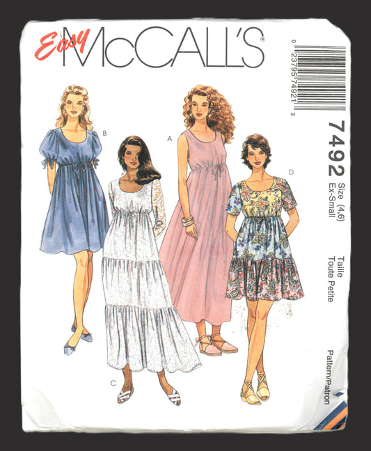 McCalls 7492 Misses Dress in Two Lengths Sewing Pattern - UNCUT - Size Ex Small (4,8)