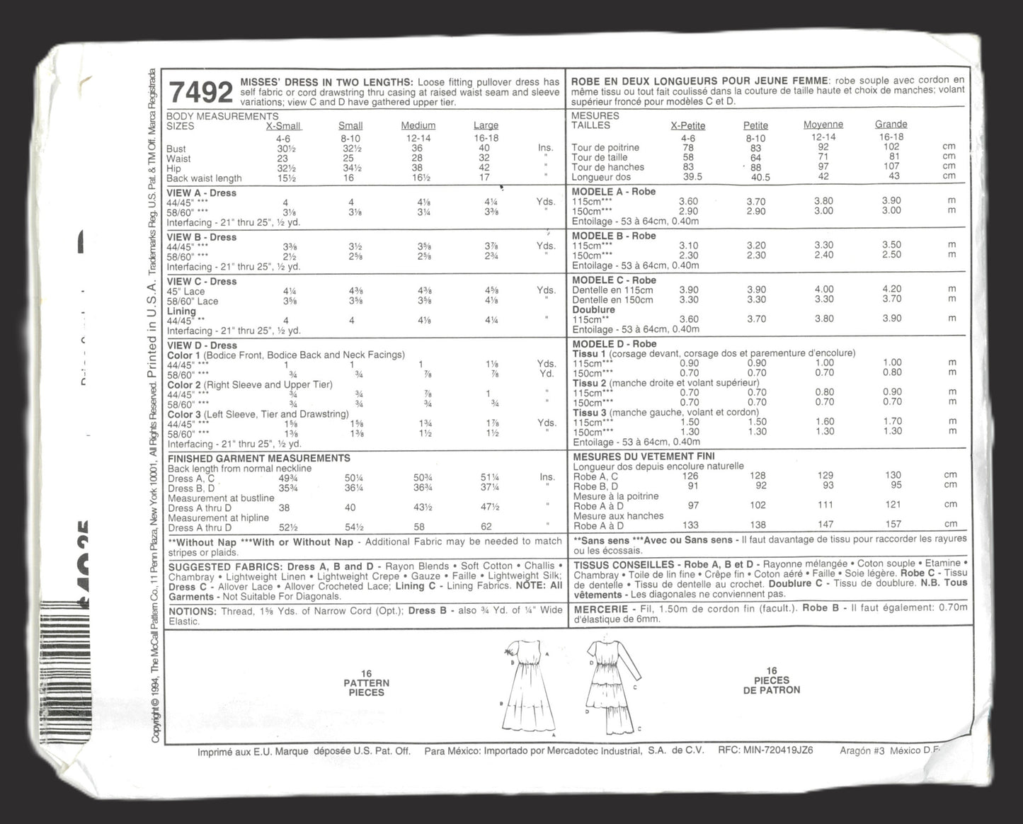 McCalls 7492 Misses Dress in Two Lengths Sewing Pattern - UNCUT - Size Ex Small (4,8)