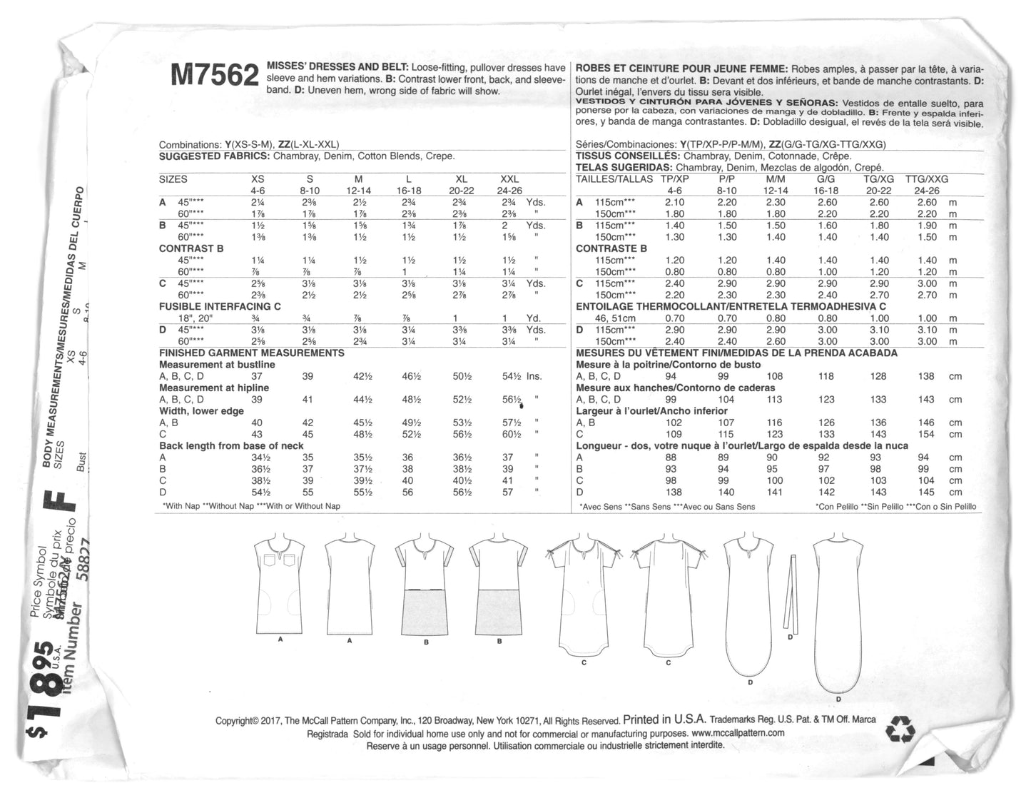 McCalls 7562 Misses Dress and Belt Sewing Pattern - UNCUT  Size Xsm Sml Med or Size Lrg, Xlg, Xxl
