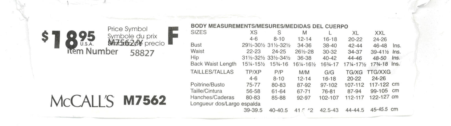 McCalls 7562 Misses Dress and Belt Sewing Pattern - UNCUT  Size Xsm Sml Med or Size Lrg, Xlg, Xxl