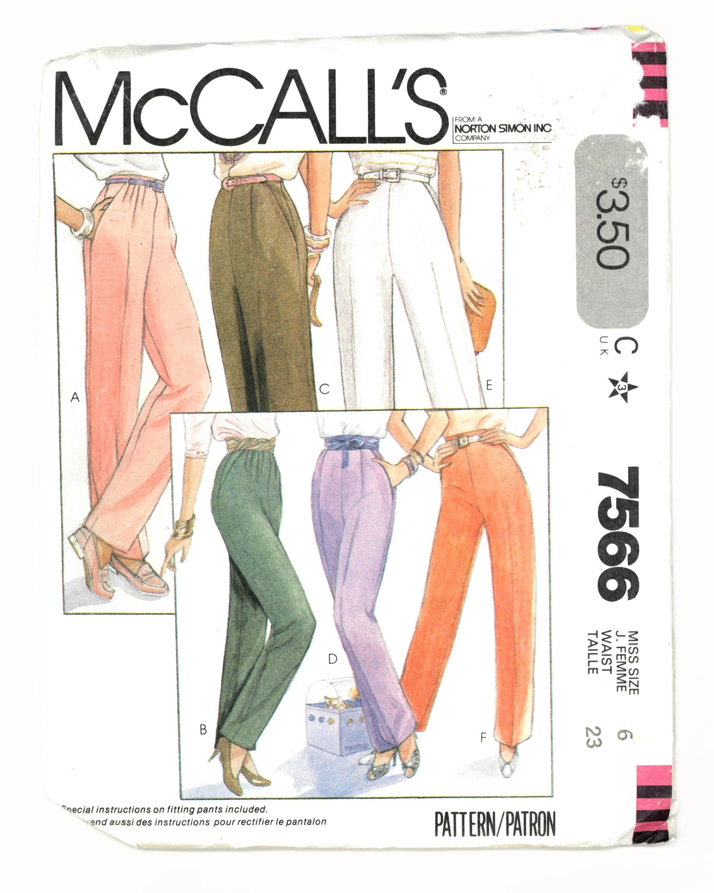 McCalls 7566 Misses Pants Sewing Pattern - UNCUT Size 6 Waist 23