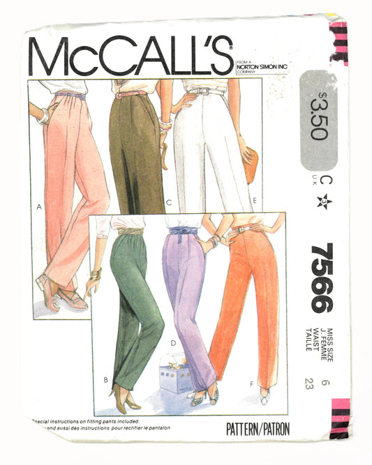 McCalls 7566 Misses Pants Sewing Pattern - UNCUT Size 6 Waist 23