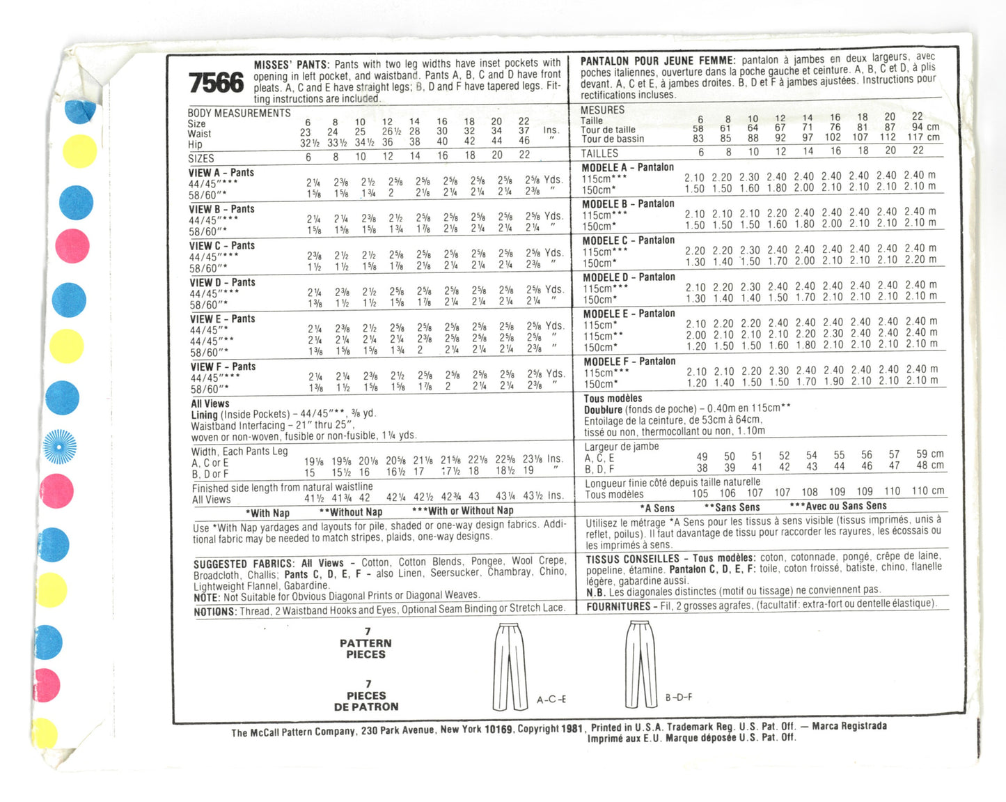 McCalls 7566 Misses Pants Sewing Pattern - UNCUT Size 6 Waist 23