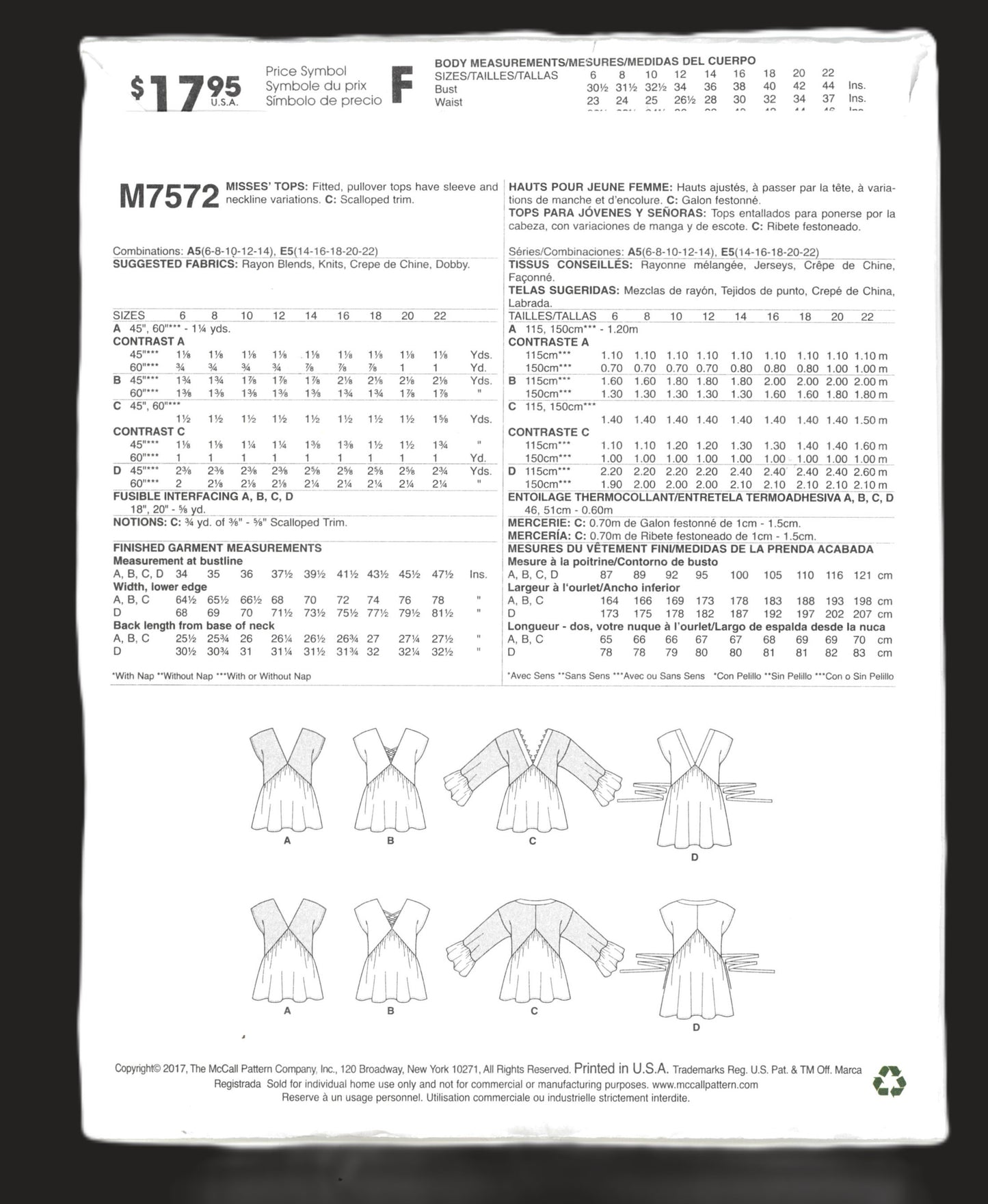 McCalls 7572 Misses Tops Sewing Pattern - UNCUT - Size 6 8 10 12 14