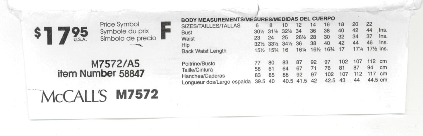 McCalls 7572 Misses Tops Sewing Pattern - UNCUT - Size 6 8 10 12 14