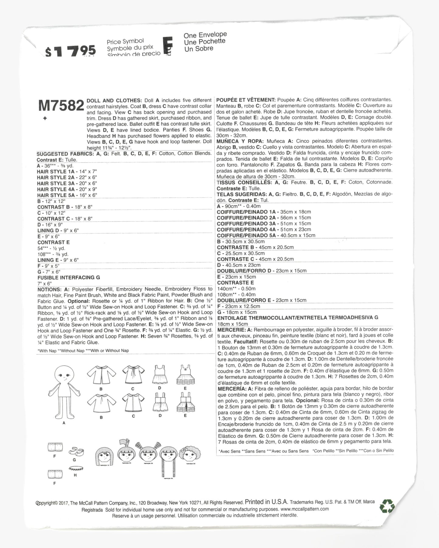McCalls 7582 Doll and Clothes Sewing Pattern - UNCUT