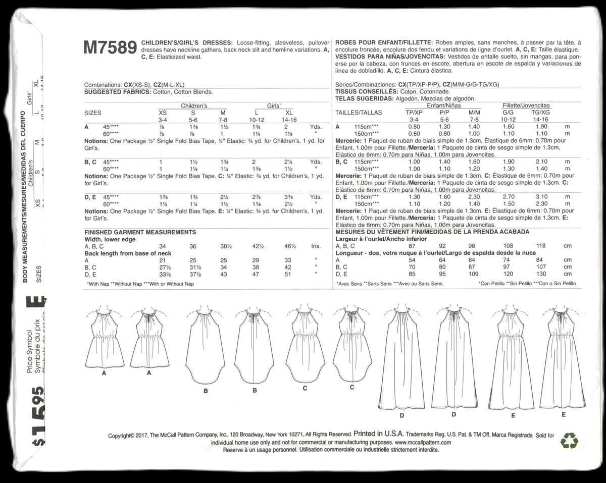 McCalls 7589 Girls Dresses Sewing Pattern UNCUT Size Med Lrg Xlg