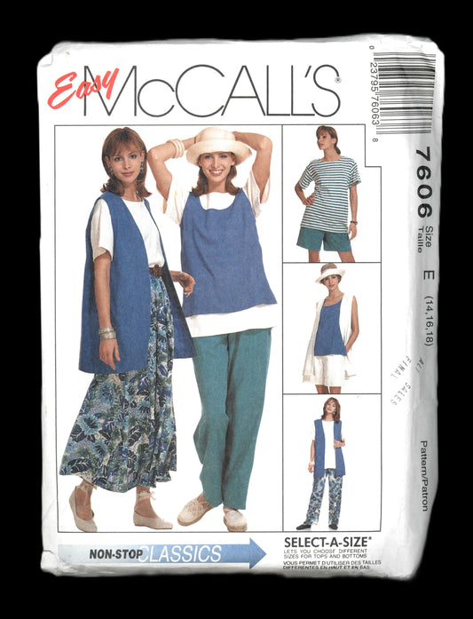 McCalls 7606 Misses Unlined Vest, Top, Tank Top, Pull on Skirt, Pull on Pants and Pull on Shorts Sewing Pattern UNCUT Size 14 16 18