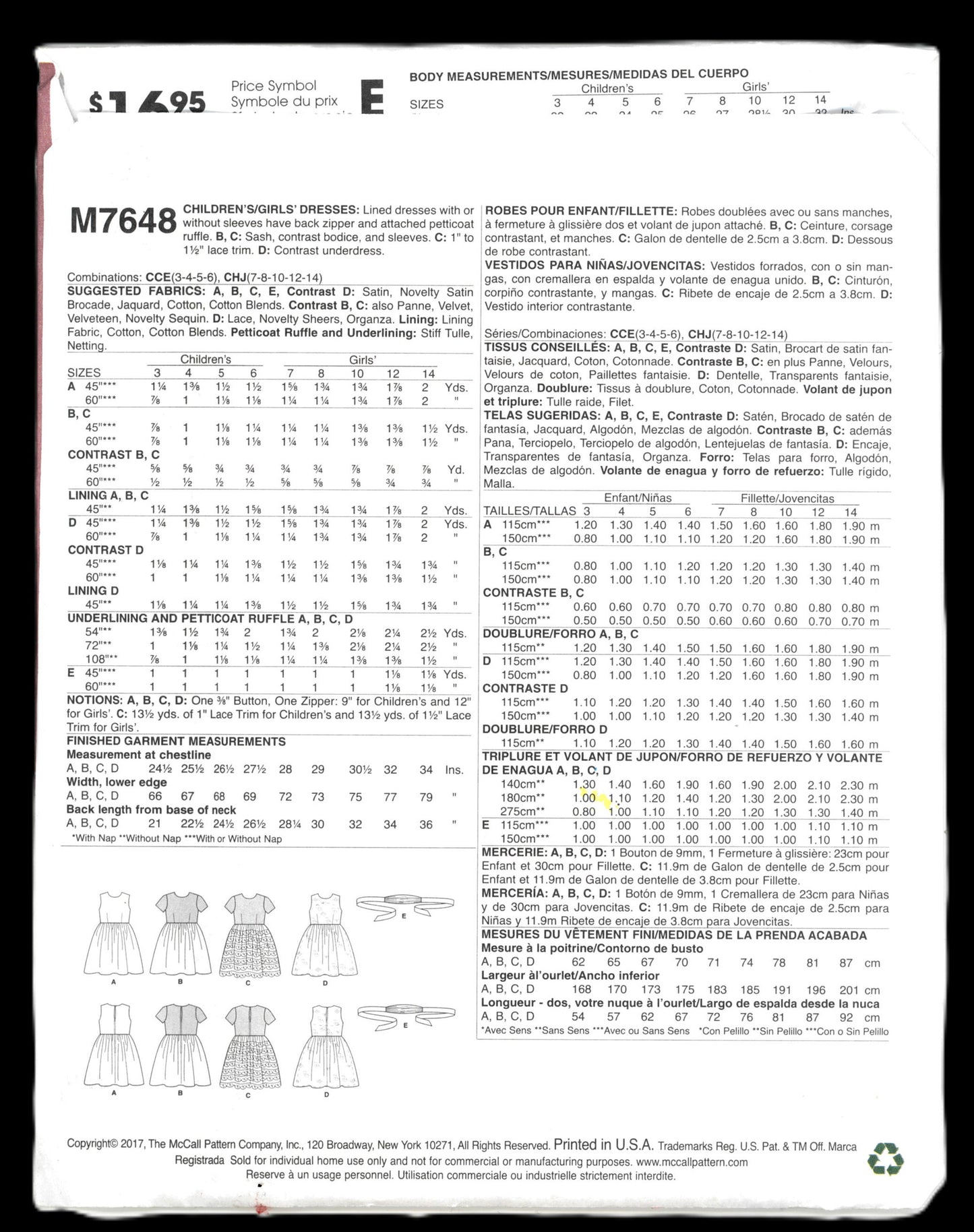 McCalls 7648 Girls Dresses Sewing Pattern UNCUT Size 3 4 5 6